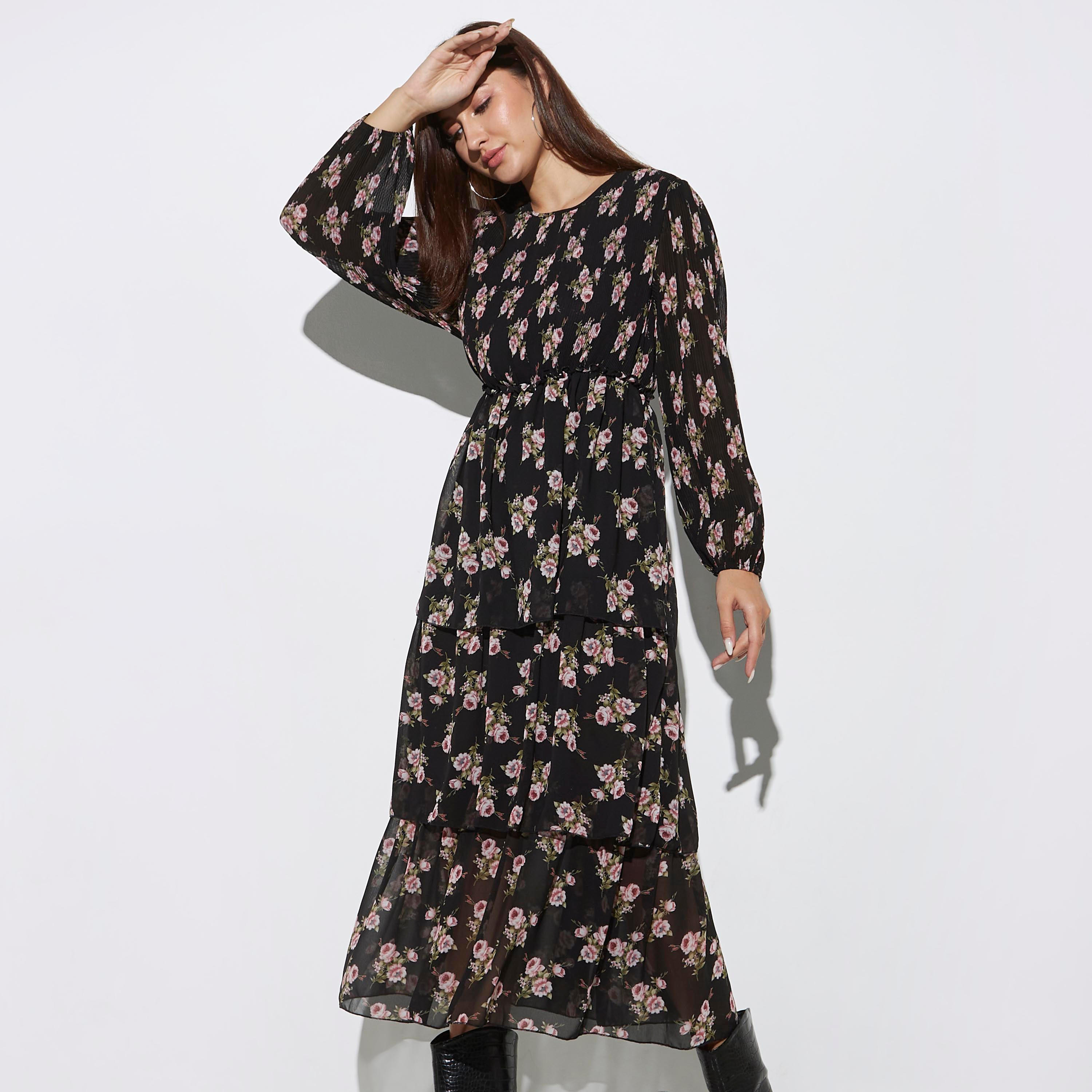 2Xtremz All-Over Floral Print Maxi Tiered Dress with Round Neck and Long Sleeves-women-clothing-dresses-image-7