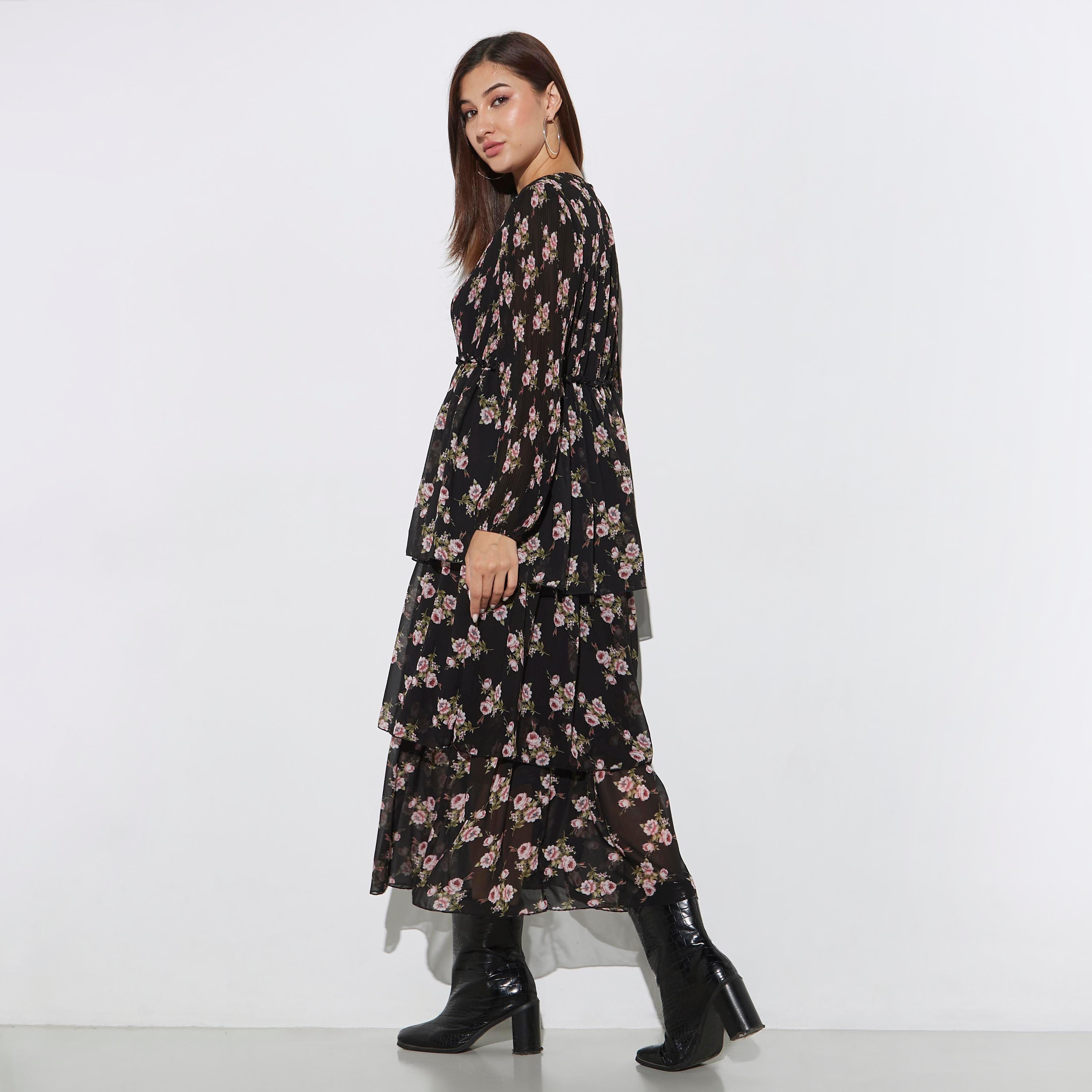 2Xtremz All-Over Floral Print Maxi Tiered Dress with Round Neck and Long Sleeves-women-clothing-dresses-image-8