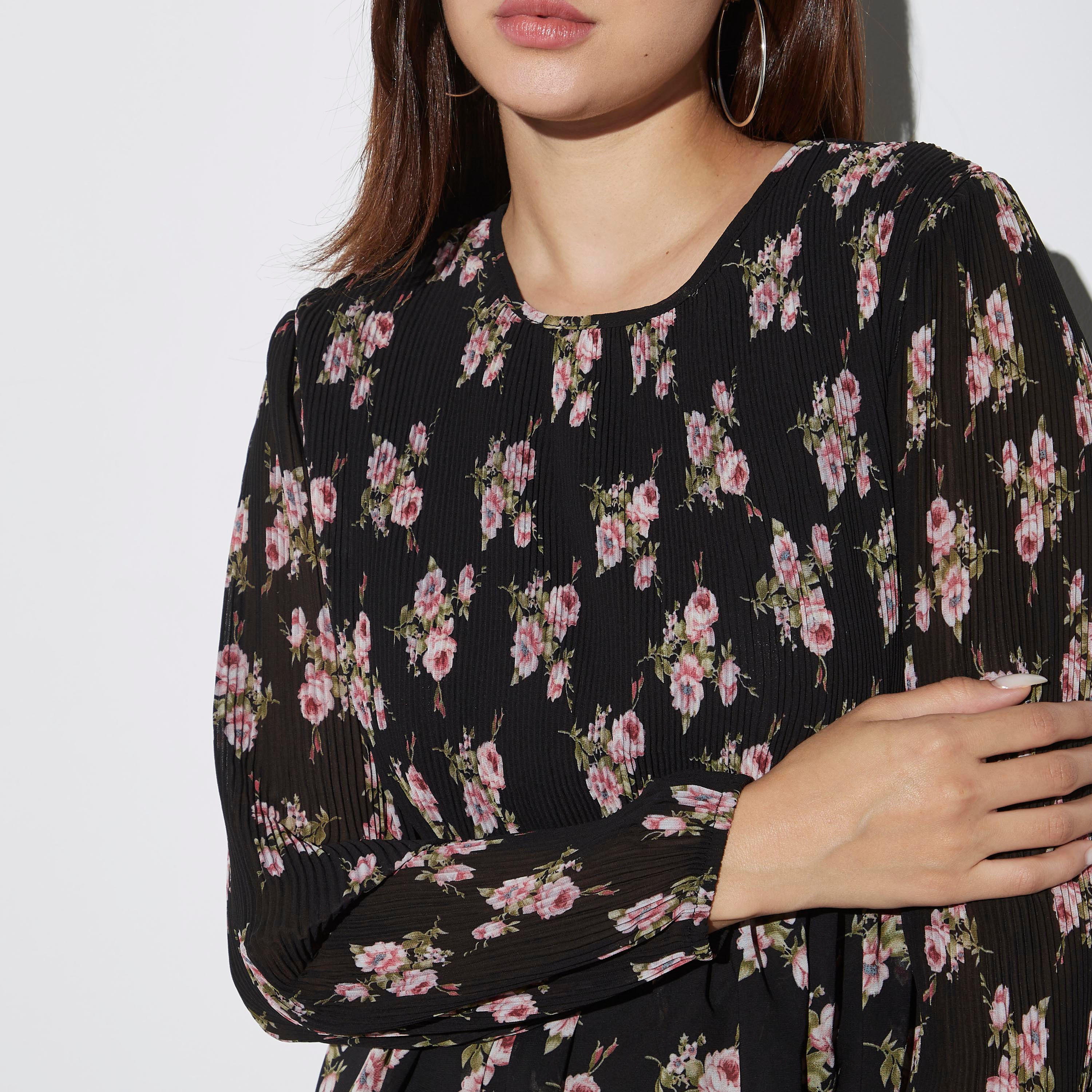 2Xtremz All-Over Floral Print Maxi Tiered Dress with Round Neck and Long Sleeves-women-clothing-dresses-image-9