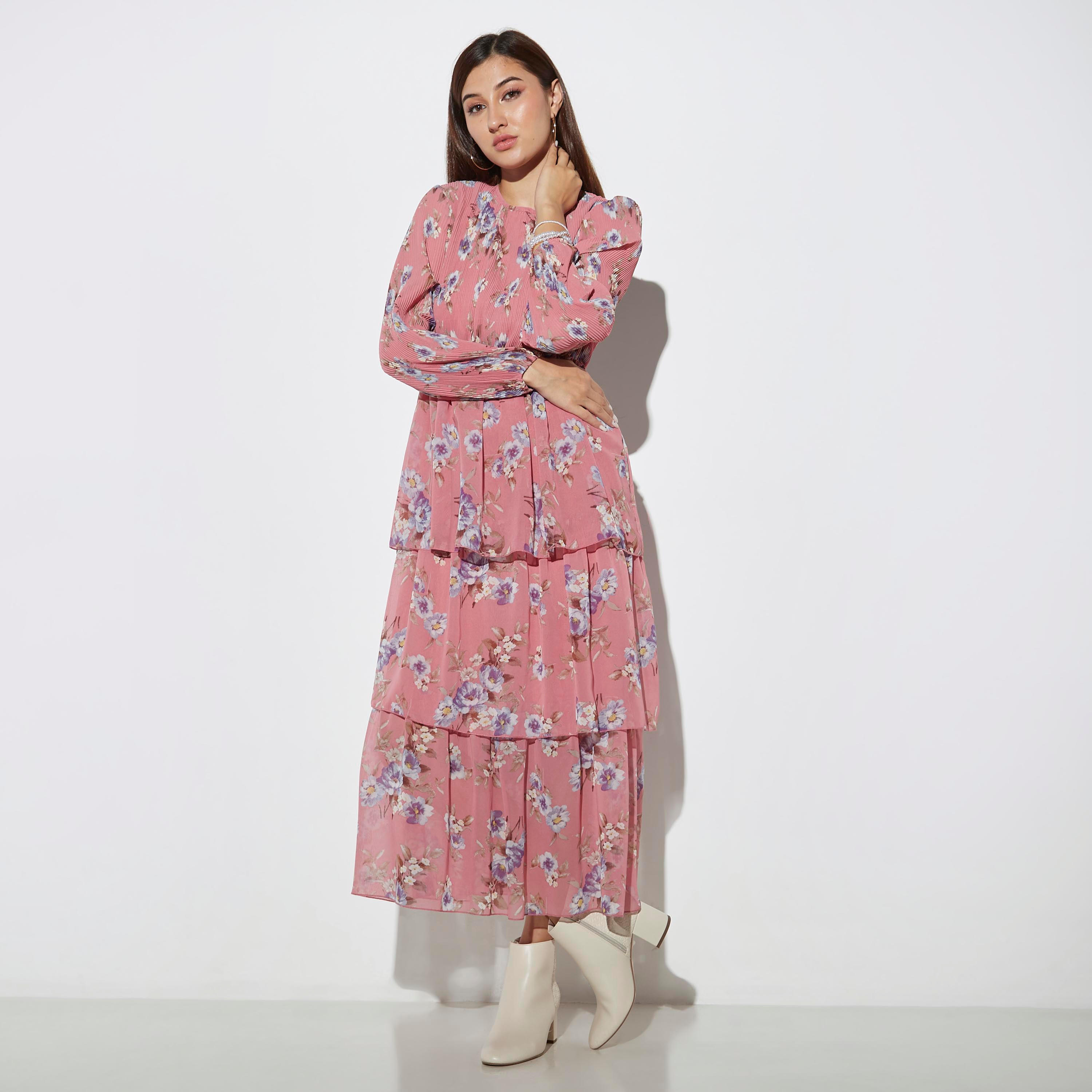 2Xtremz All-Over Floral Print Maxi Tiered Dress with Round Neck and Long Sleeves-women-clothing-dresses-image-1