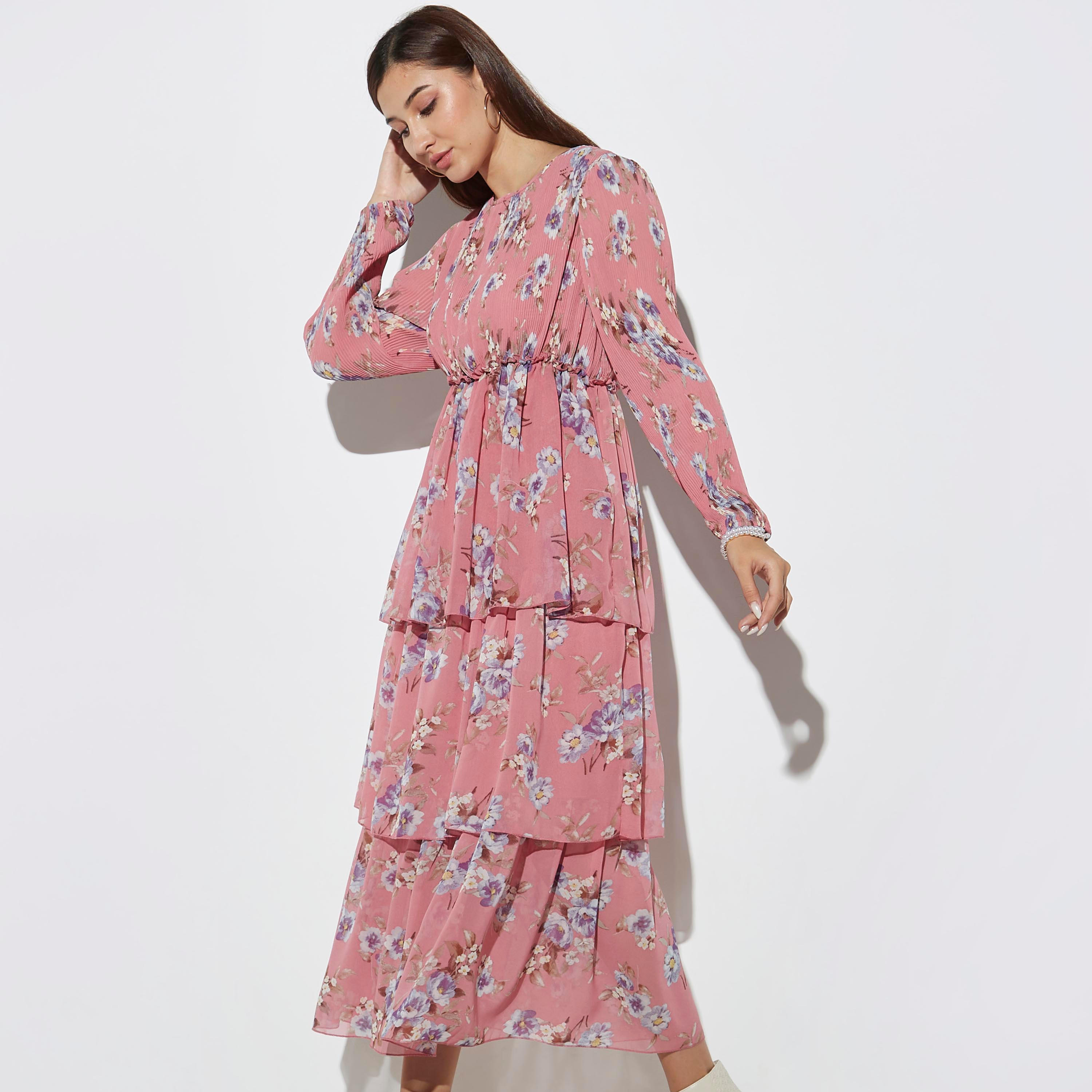 2Xtremz All-Over Floral Print Maxi Tiered Dress with Round Neck and Long Sleeves-women-clothing-dresses-image-2