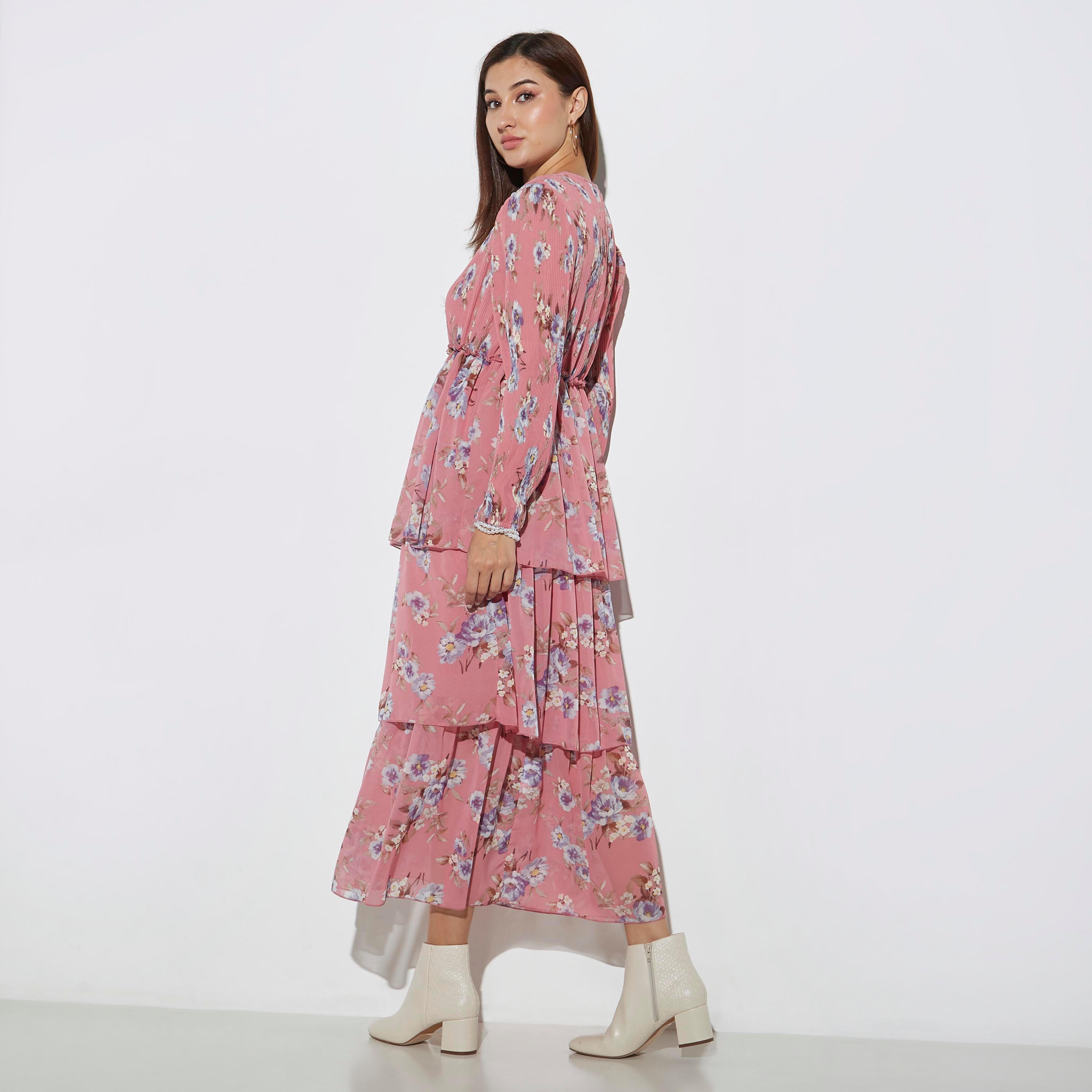 2Xtremz All-Over Floral Print Maxi Tiered Dress with Round Neck and Long Sleeves-women-clothing-dresses-image-3