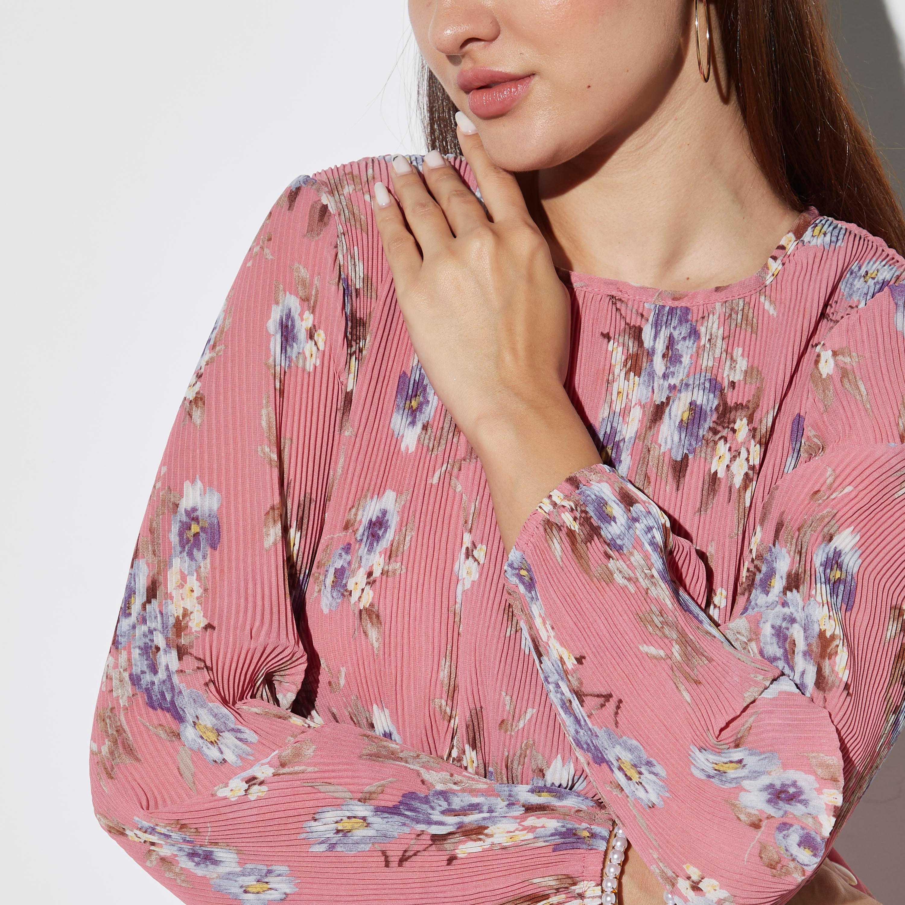 2Xtremz All-Over Floral Print Maxi Tiered Dress with Round Neck and Long Sleeves-women-clothing-dresses-image-4