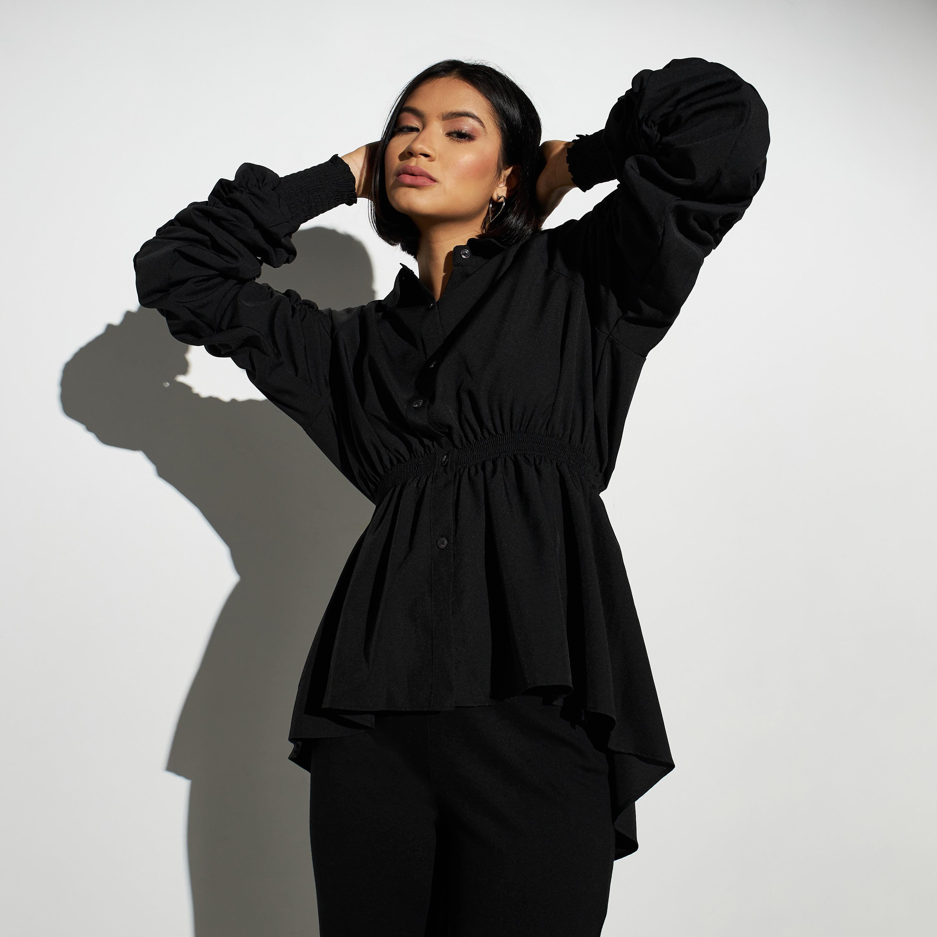 2Xtremz Solid Collared Top with Elasticated Waist and Long Ruched Sleeves-women-clothing-shirtsandblouses-blouses-image-1