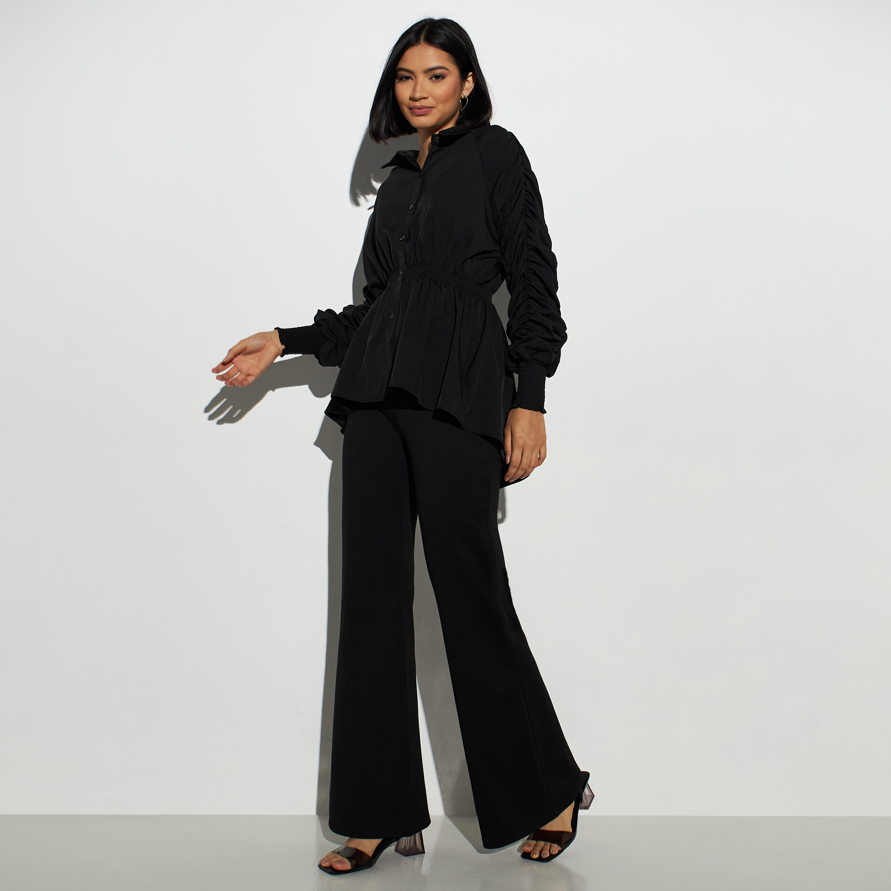 2Xtremz Solid Collared Top with Elasticated Waist and Long Ruched Sleeves-women-clothing-shirtsandblouses-blouses-image-2