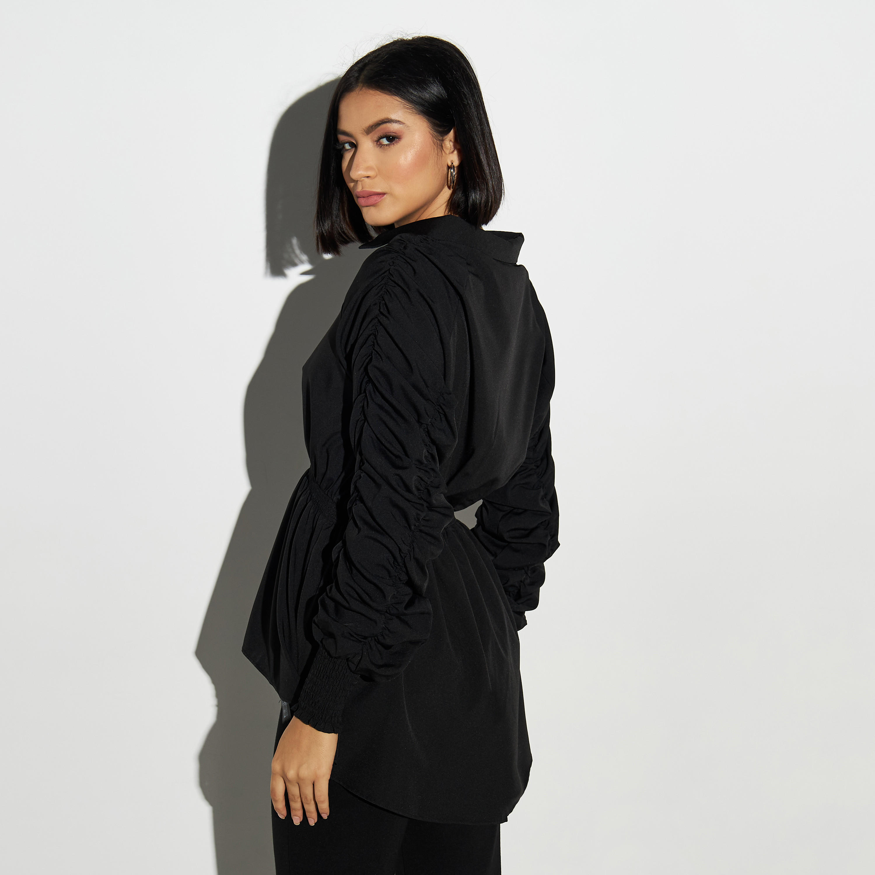 2Xtremz Solid Collared Top with Elasticated Waist and Long Ruched Sleeves-women-clothing-shirtsandblouses-blouses-image-3