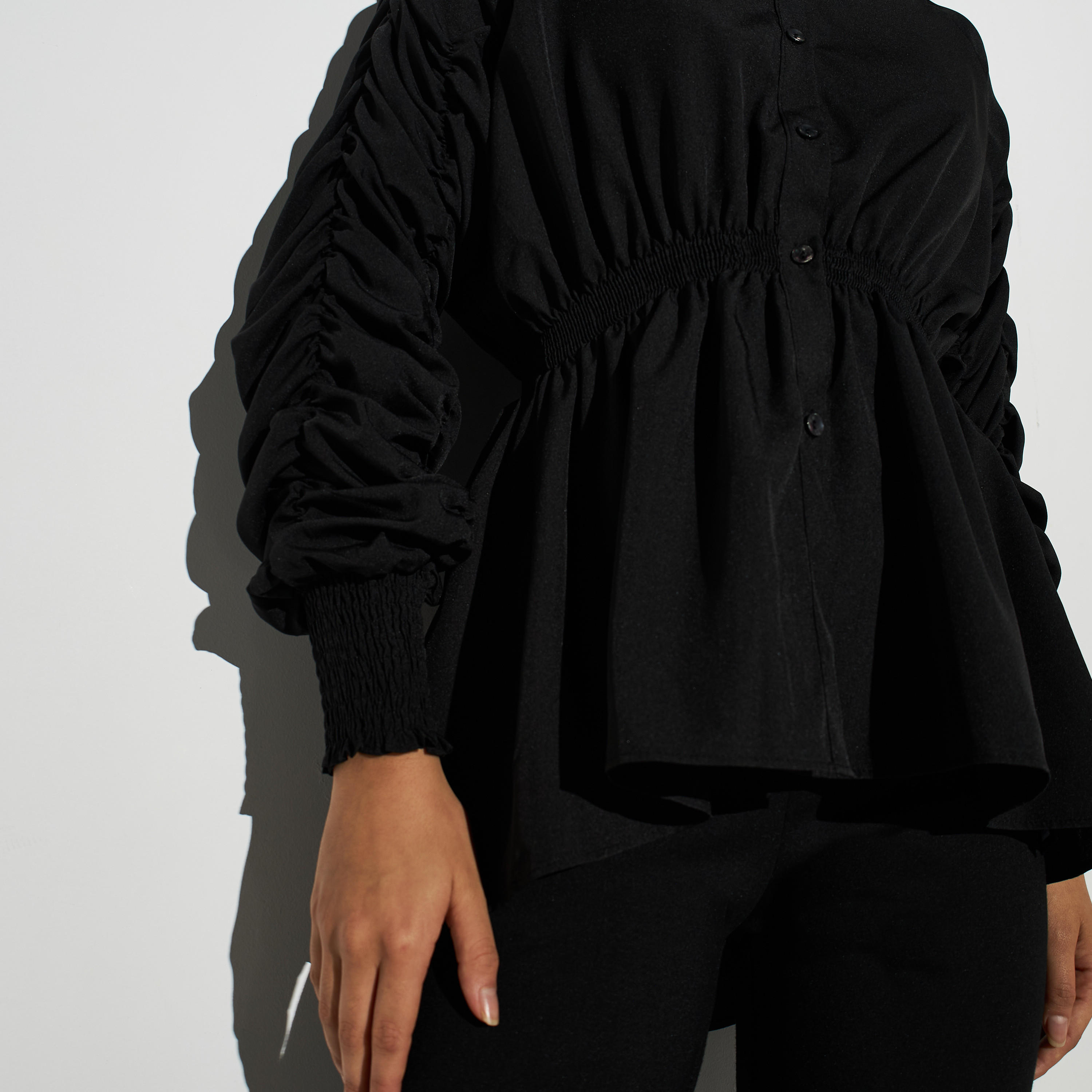 2Xtremz Solid Collared Top with Elasticated Waist and Long Ruched Sleeves-women-clothing-shirtsandblouses-blouses-image-4