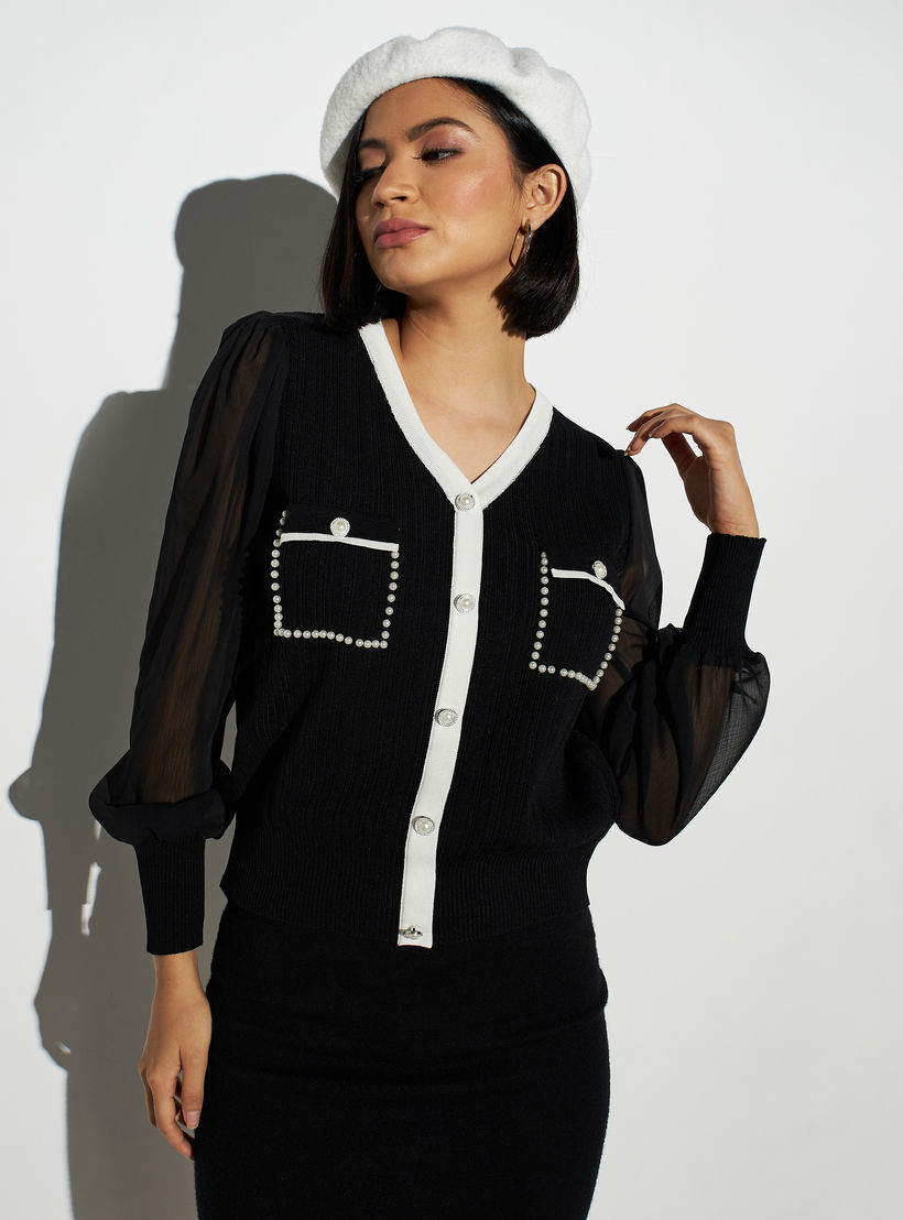 كنزة بياقة V مزينة باللؤلؤ وجيوب وأكمام من تو إكستريمز-women-clothing-cardigansandjumpers-jumpers-image-1