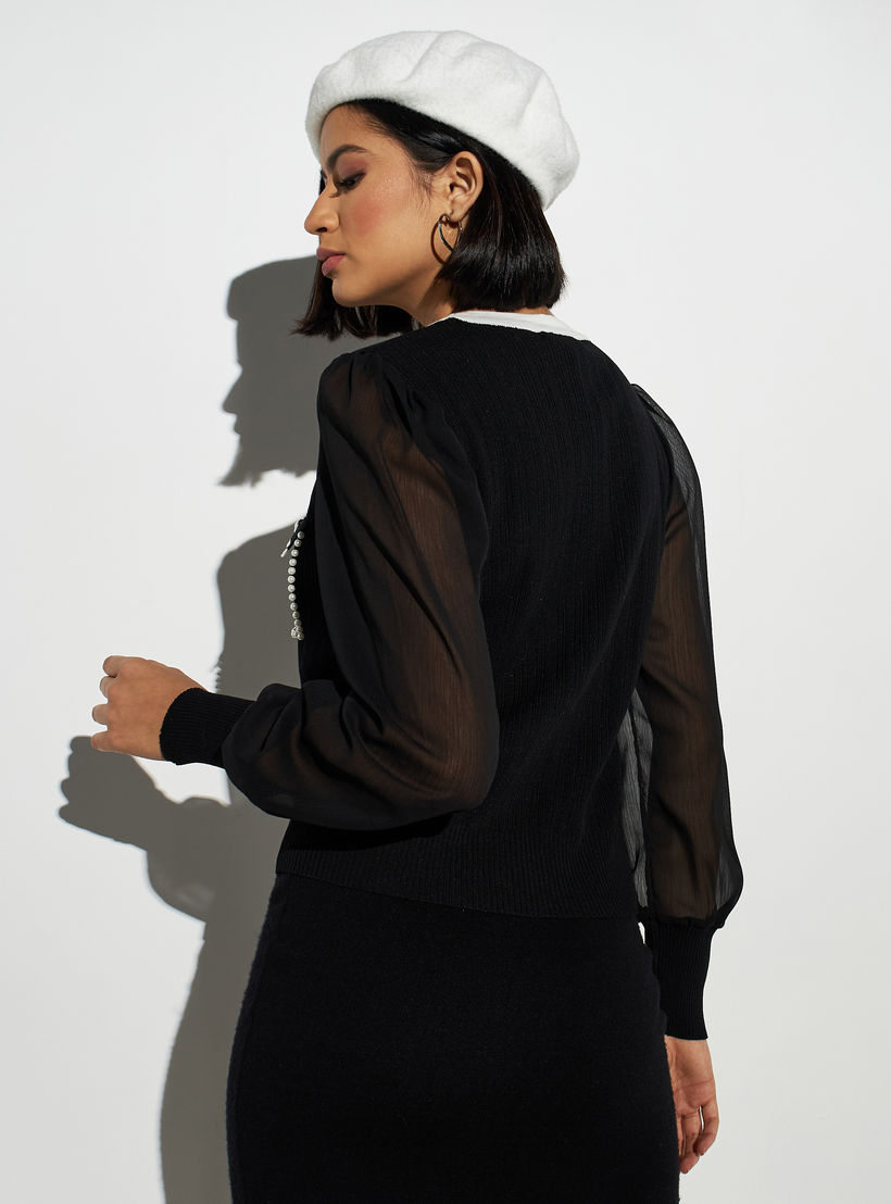 كنزة بياقة V مزينة باللؤلؤ وجيوب وأكمام من تو إكستريمز-women-clothing-cardigansandjumpers-jumpers-image-3