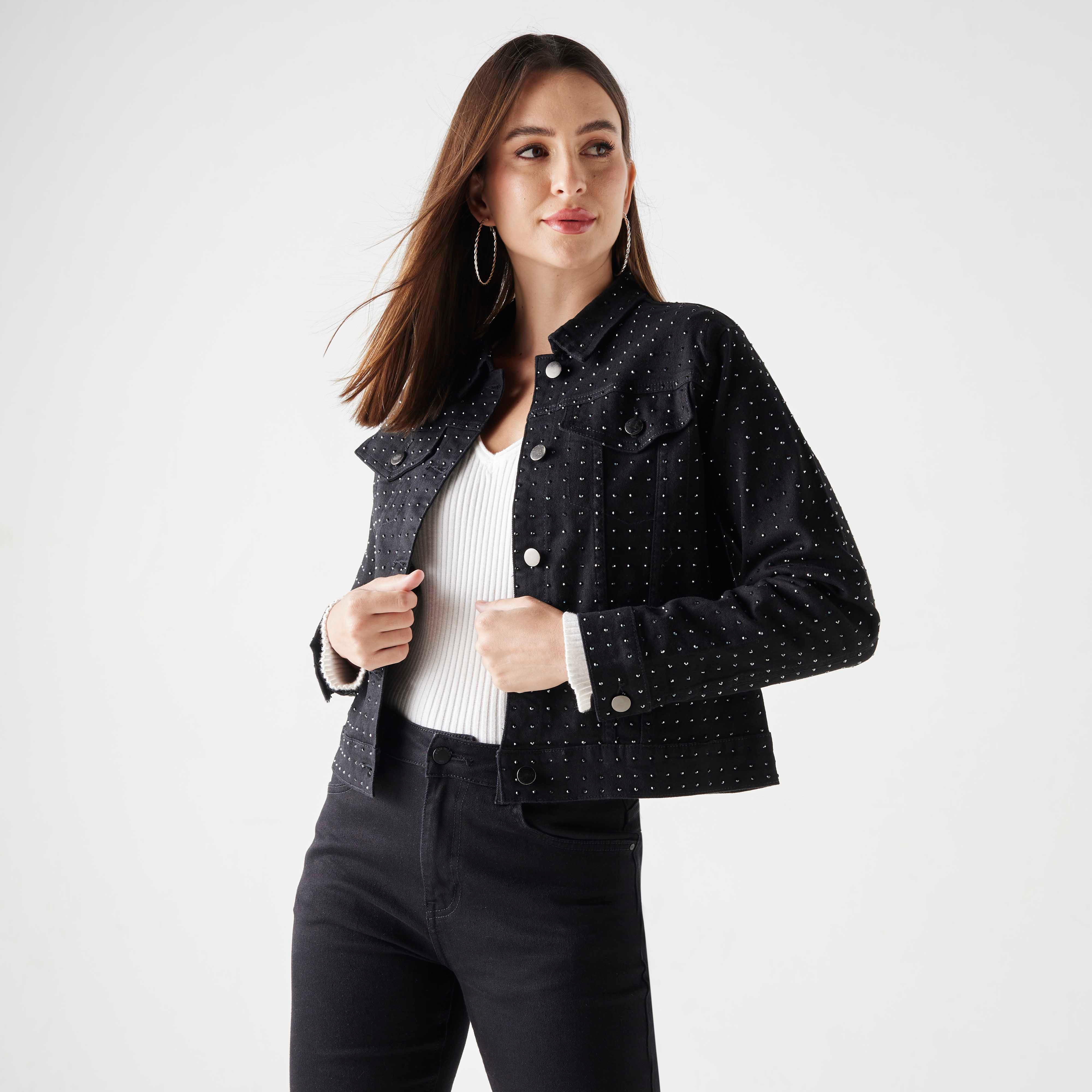 جاكيت دينم مزيّن بأكمام طويلة وزر إغلاق من تو إكستريمز-women-winterwear-coatsandjackets-jackets-image-1