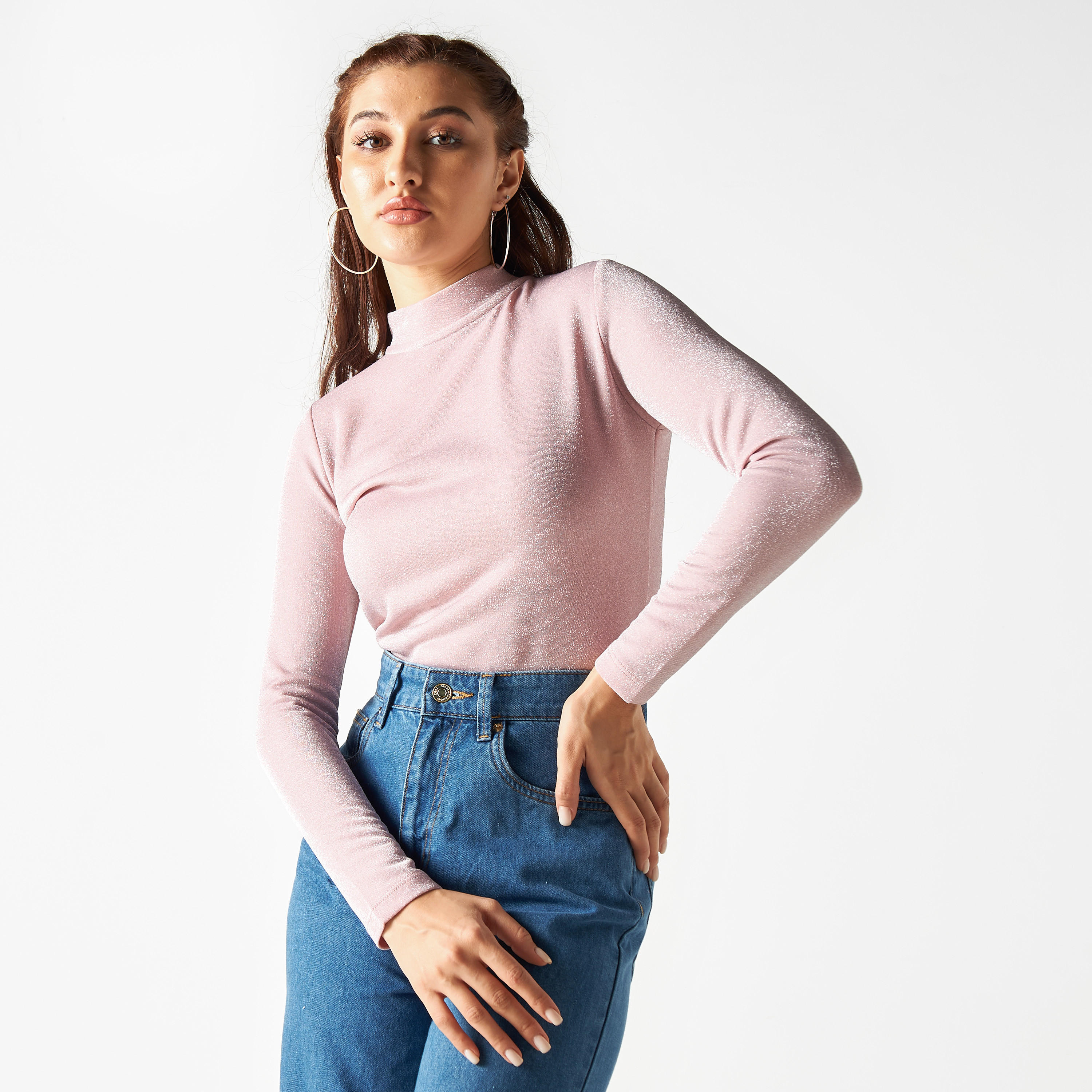 2Xtremz Solid High Neck T-shirt with Long Sleeves and Button Closure-women-clothing-tshirts-image-1