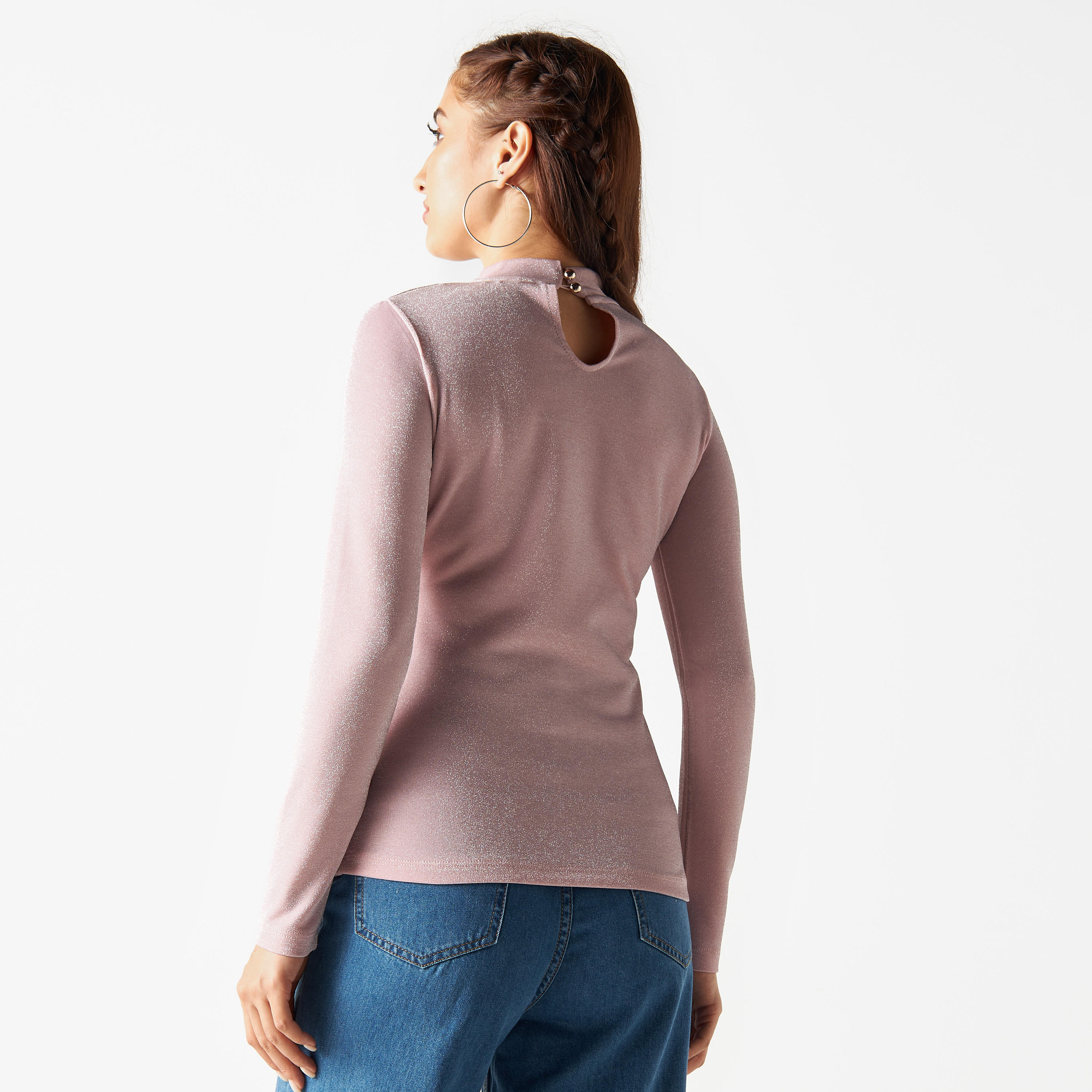 2Xtremz Solid High Neck T-shirt with Long Sleeves and Button Closure-women-clothing-tshirts-image-3
