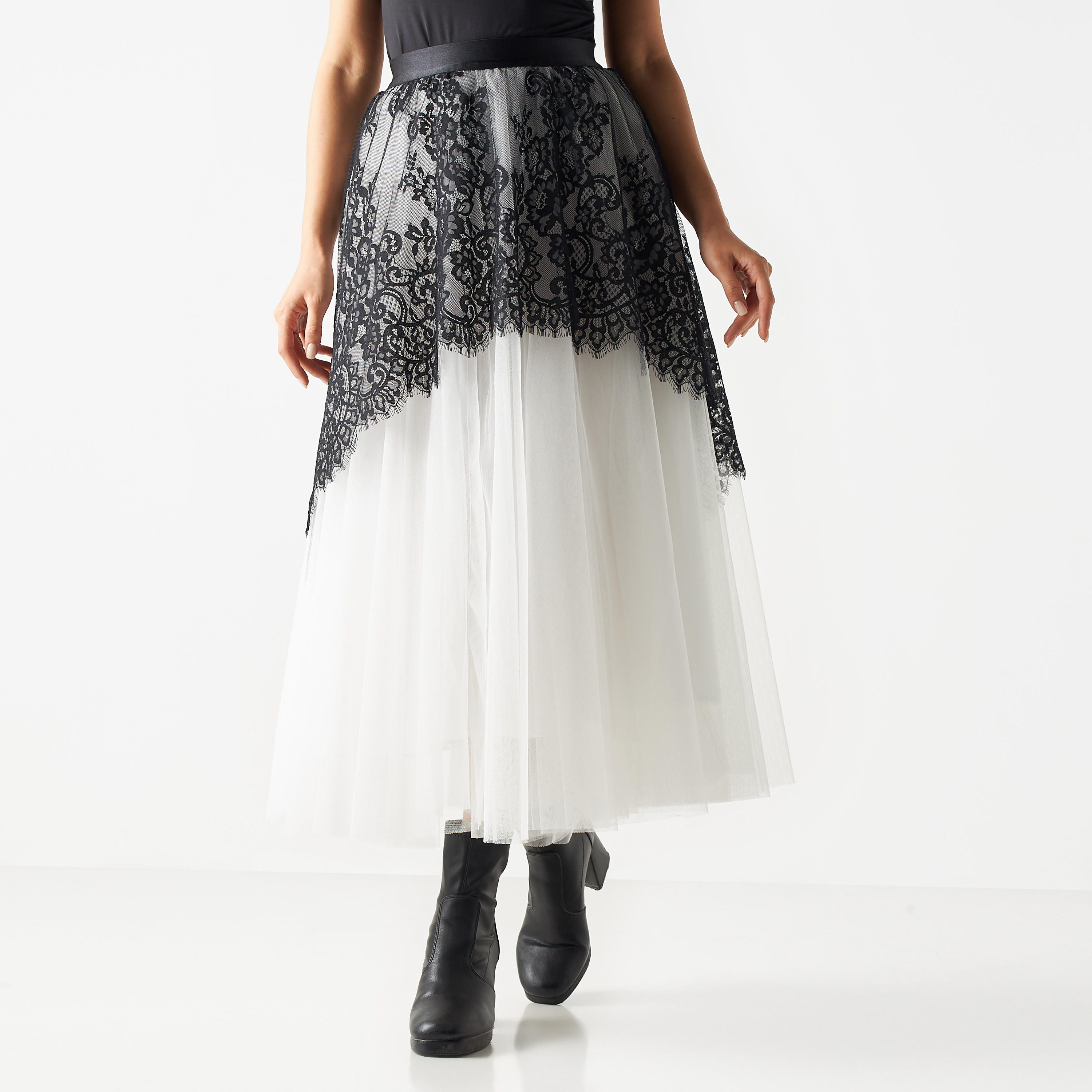 تنورة إيه لاين ميدي دانتيل بخصر مطاطي وفتحة من تو إكستريمز-women-clothing-bottoms-skirts-image-1