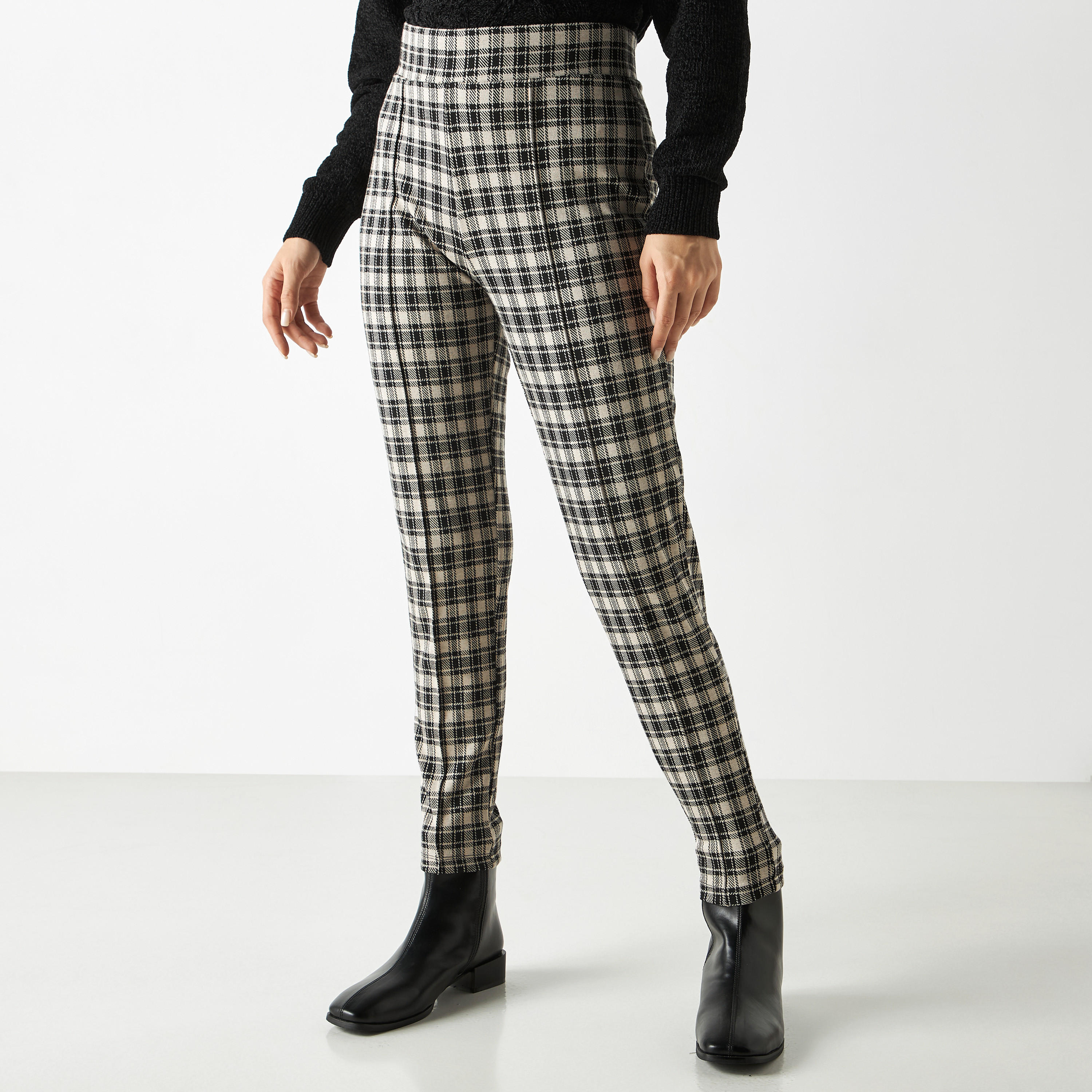 بنطلون تريقينز جاكارد كاروهات بحزام خصر مطاطي-women-clothing-bottoms-leggings-image-1