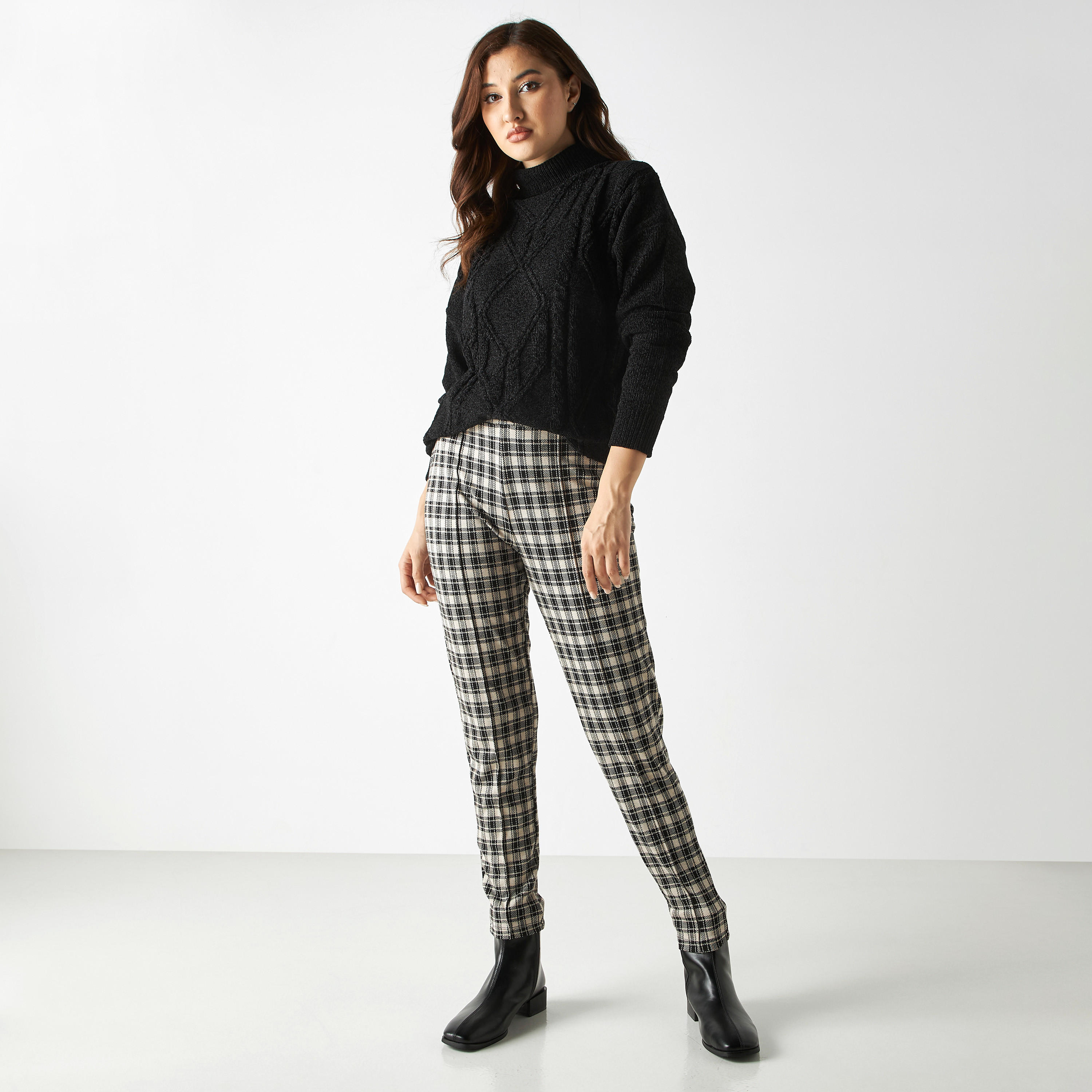 بنطلون تريقينز جاكارد كاروهات بحزام خصر مطاطي-women-clothing-bottoms-leggings-image-2