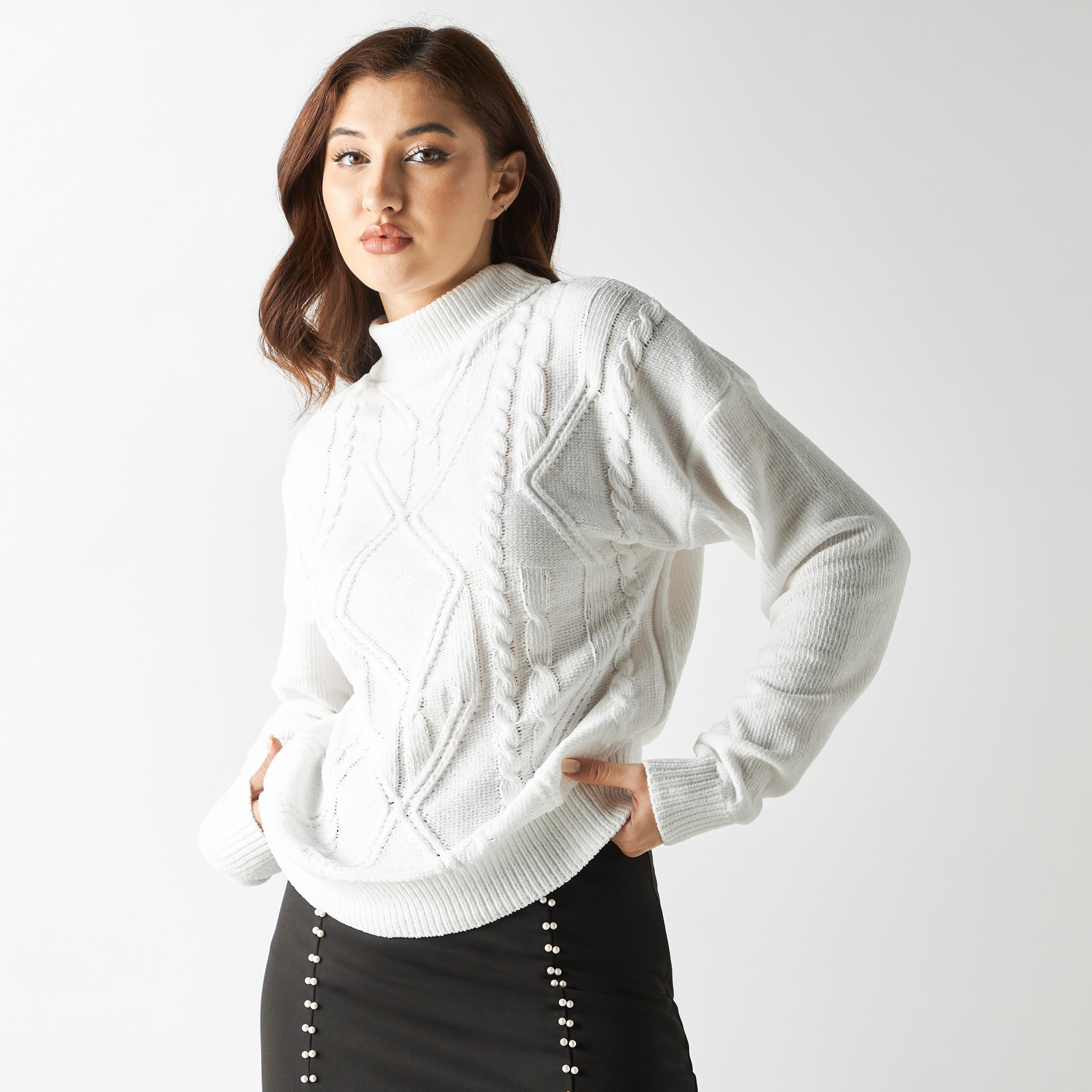 كنزة شنيل بارزة الملمس منسوجة بياقة مطوية وأكمام بأكتاف منسدلة من تو إكستريمز-women-clothing-cardigansandjumpers-jumpers-image-1