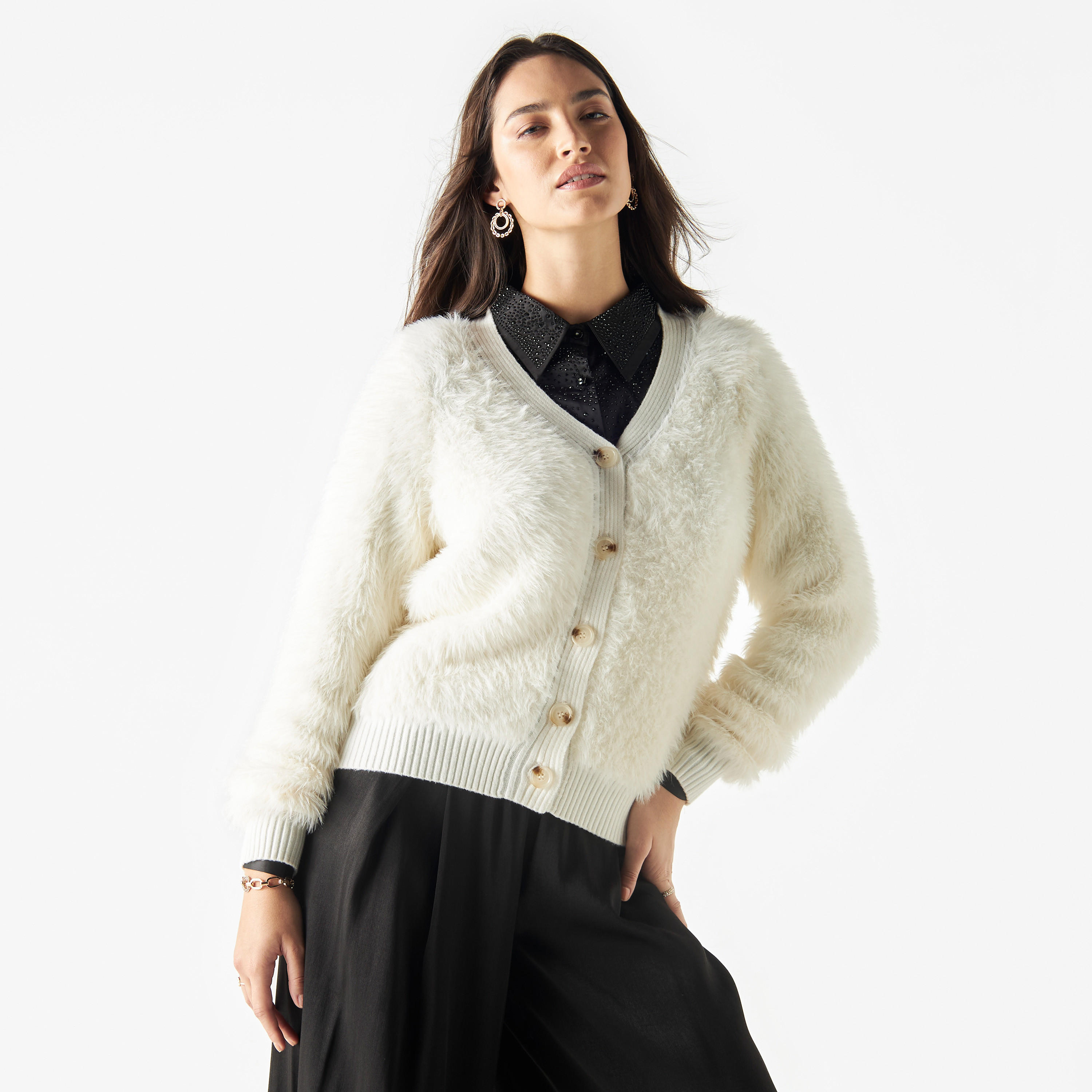 كارديجان قصير مخمل بأكمام طويلة وزر إغلاق من تو إكستريمز-women-winterwear-cardigansandjumpers-cardigans-image-1
