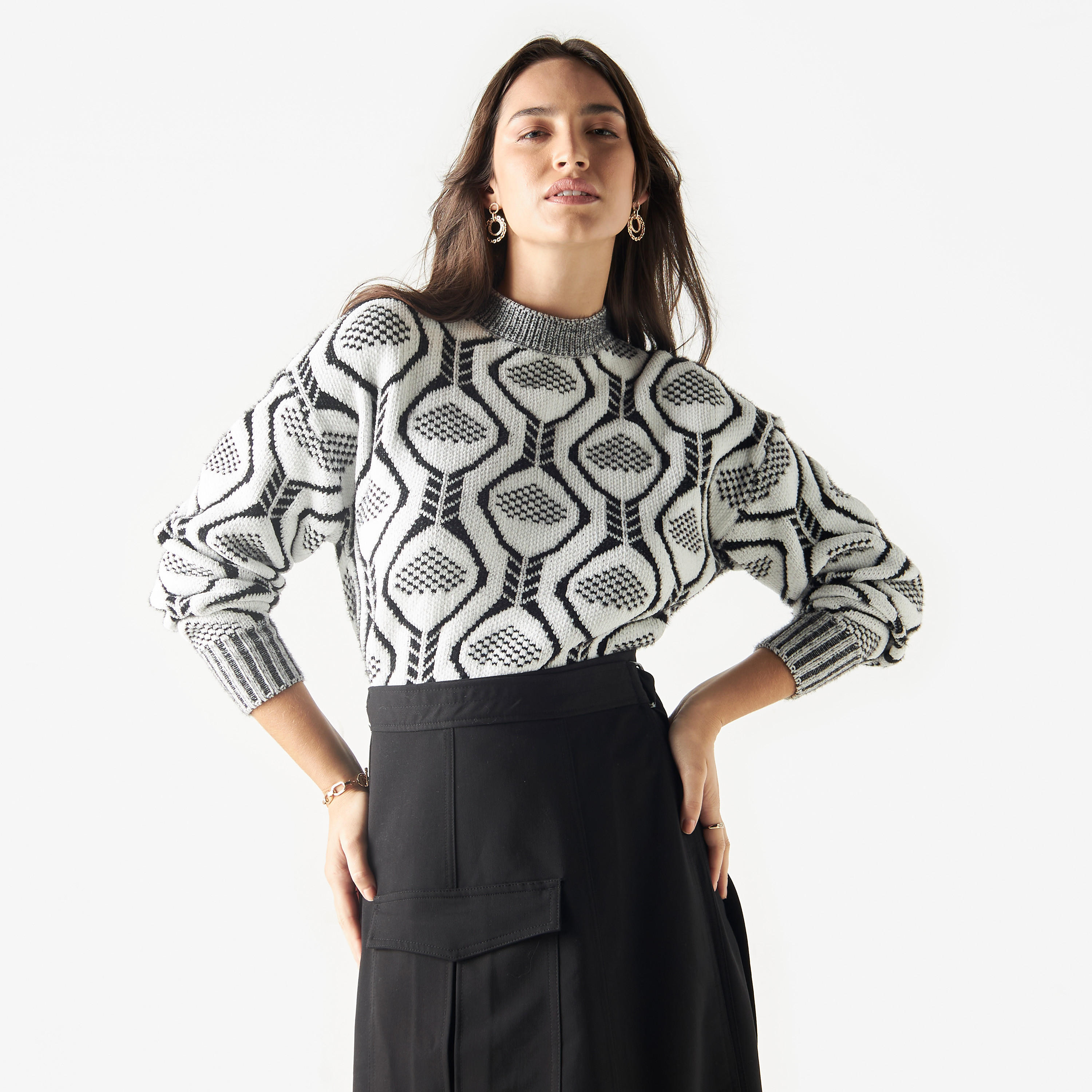 كنزة منسوجة متعددة التصاميم بياقة عالية وأكمام طويلة من تو إكستريمز-women-clothing-cardigansandjumpers-jumpers-image-1
