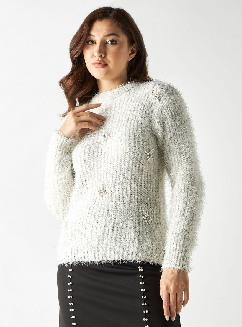 كنزة منسوجة مزيّنة باللؤلؤ بياقة ضيّقة وأكمام طويلة من تو إكستريمز-women-clothing-cardigansandjumpers-jumpers-image-1