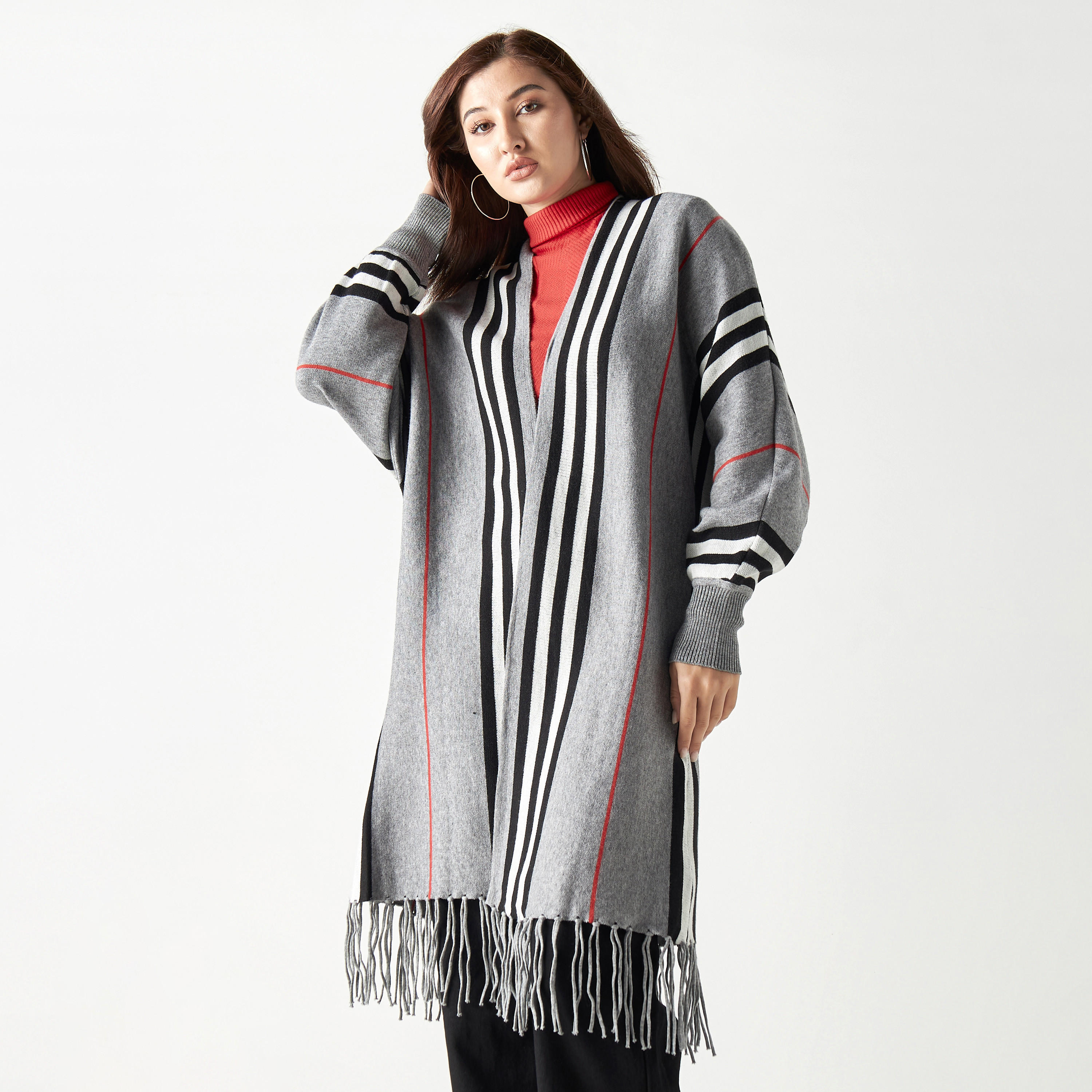 كارديجان مخطّط بياقة V وأكمام طويلة من تو إكستريمز-women-winterwear-cardigansandjumpers-cardigans-image-1