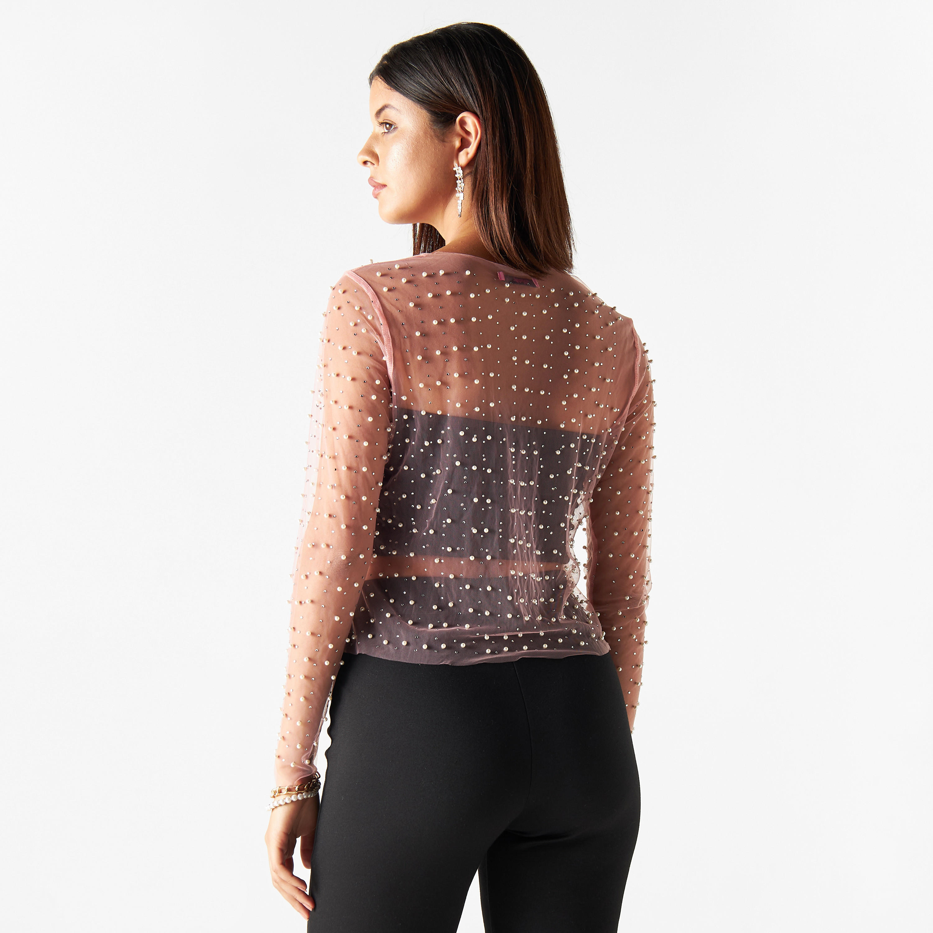 بلوزة شبكيّة مزيّنة بياقة ضيقة وأكمام طويلة من تو إكستريمز-women-clothing-shirtsandblouses-blouses-image-3