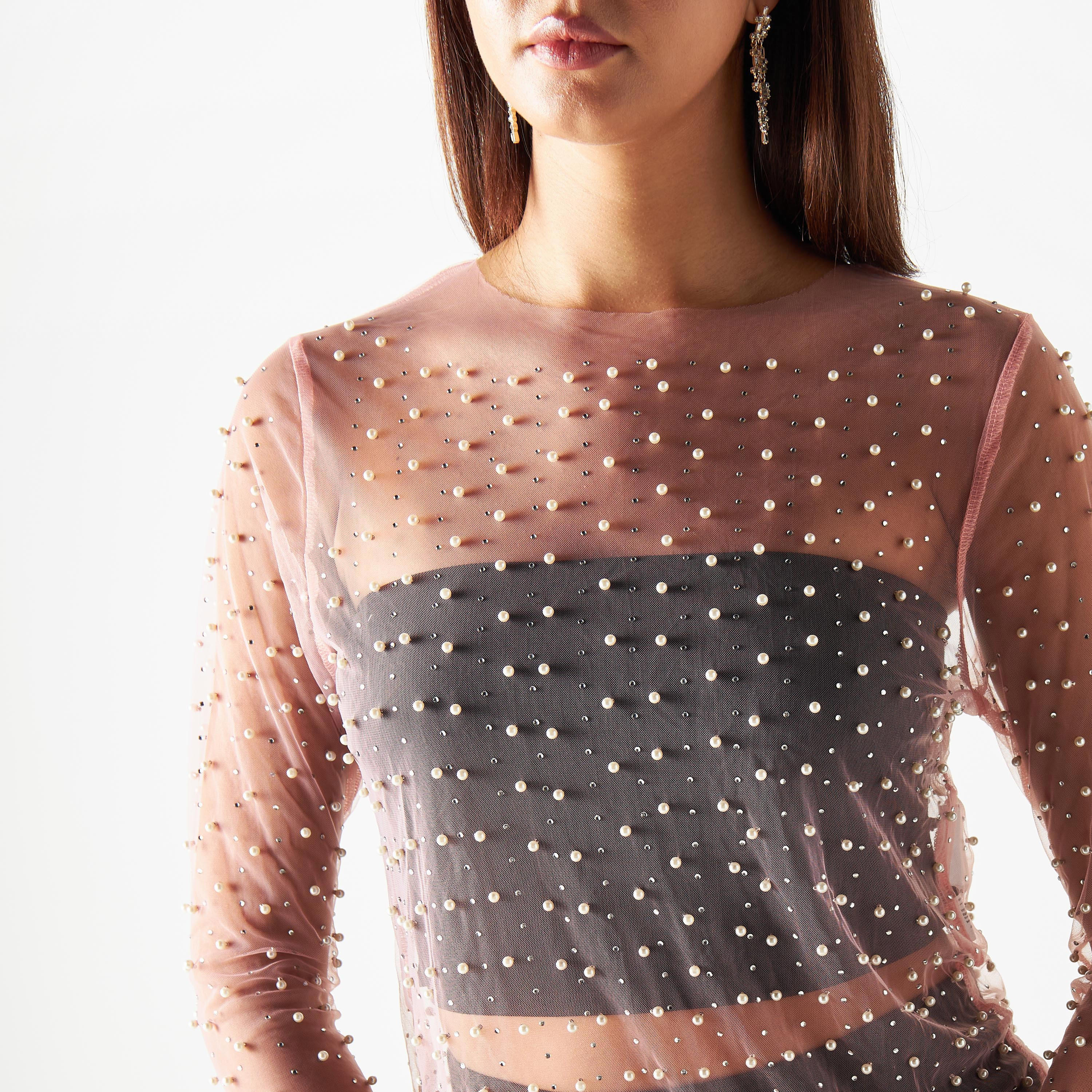 بلوزة شبكيّة مزيّنة بياقة ضيقة وأكمام طويلة من تو إكستريمز-women-clothing-shirtsandblouses-blouses-image-4