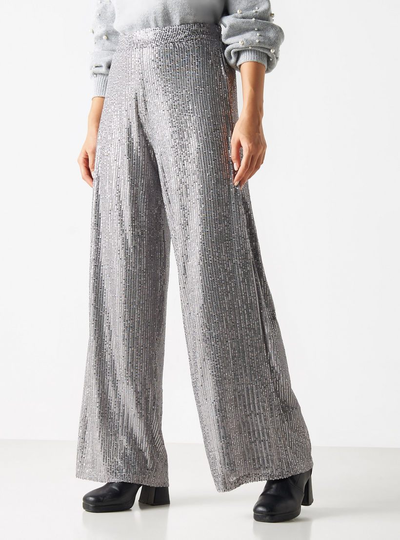 بنطلون مزيّن واسع الساق بحزام مطاطي من تو إكستريمز-women-clothing-bottoms-trousers-image-1