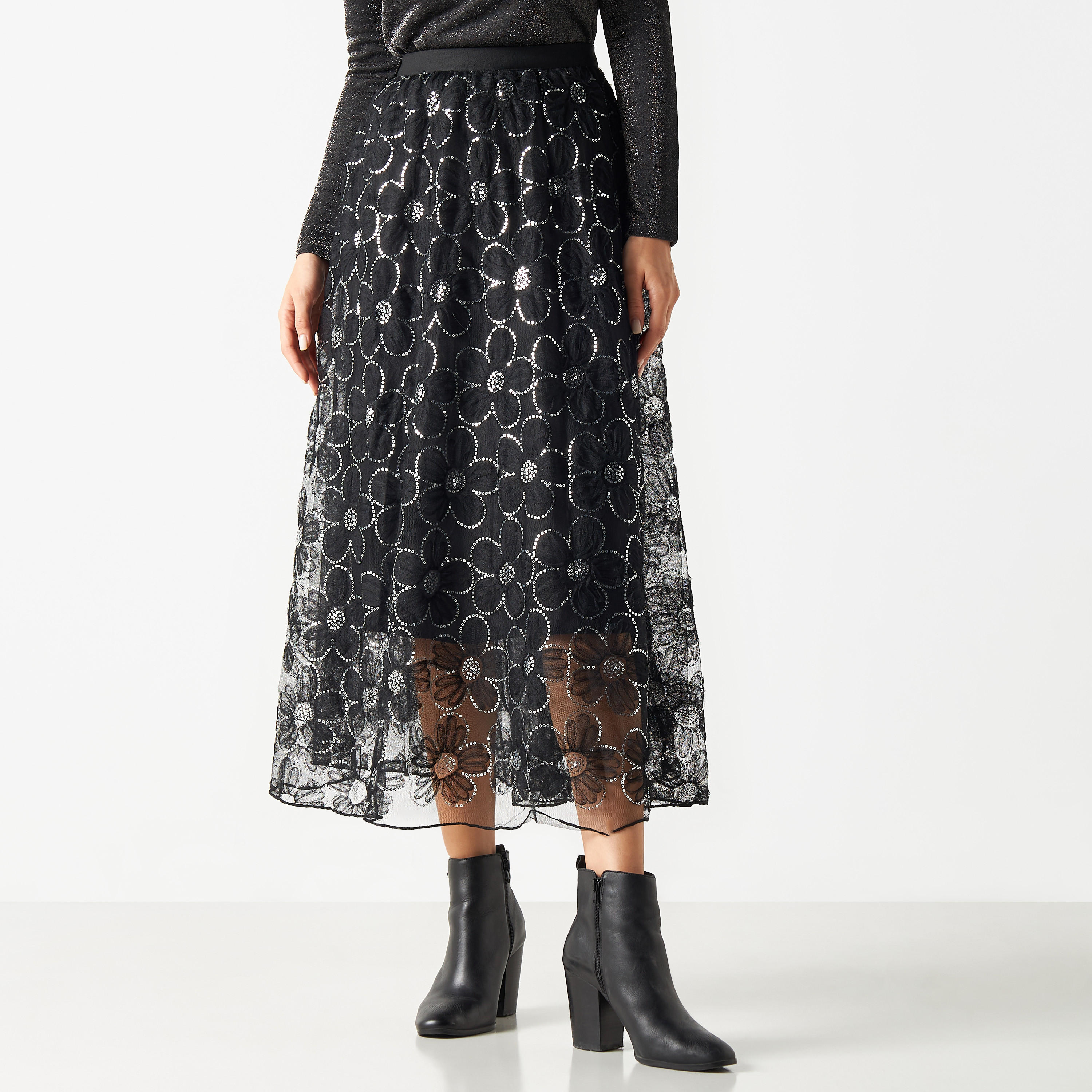 تنورة شبكية مزينة بالترتر بحزام خصر مطاطي من تو إكستريمز-women-clothing-bottoms-skirts-image-1