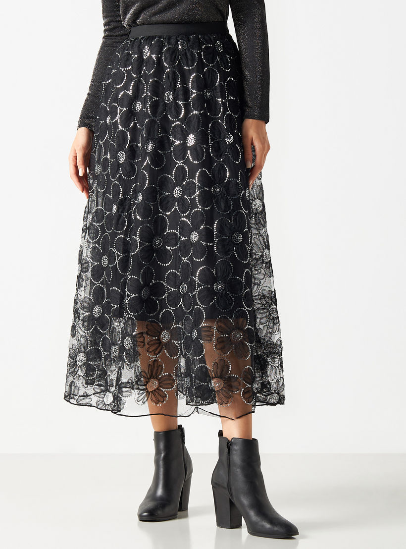 تنورة شبكية مزينة بالترتر بحزام خصر مطاطي من تو إكستريمز-women-clothing-bottoms-skirts-image-1
