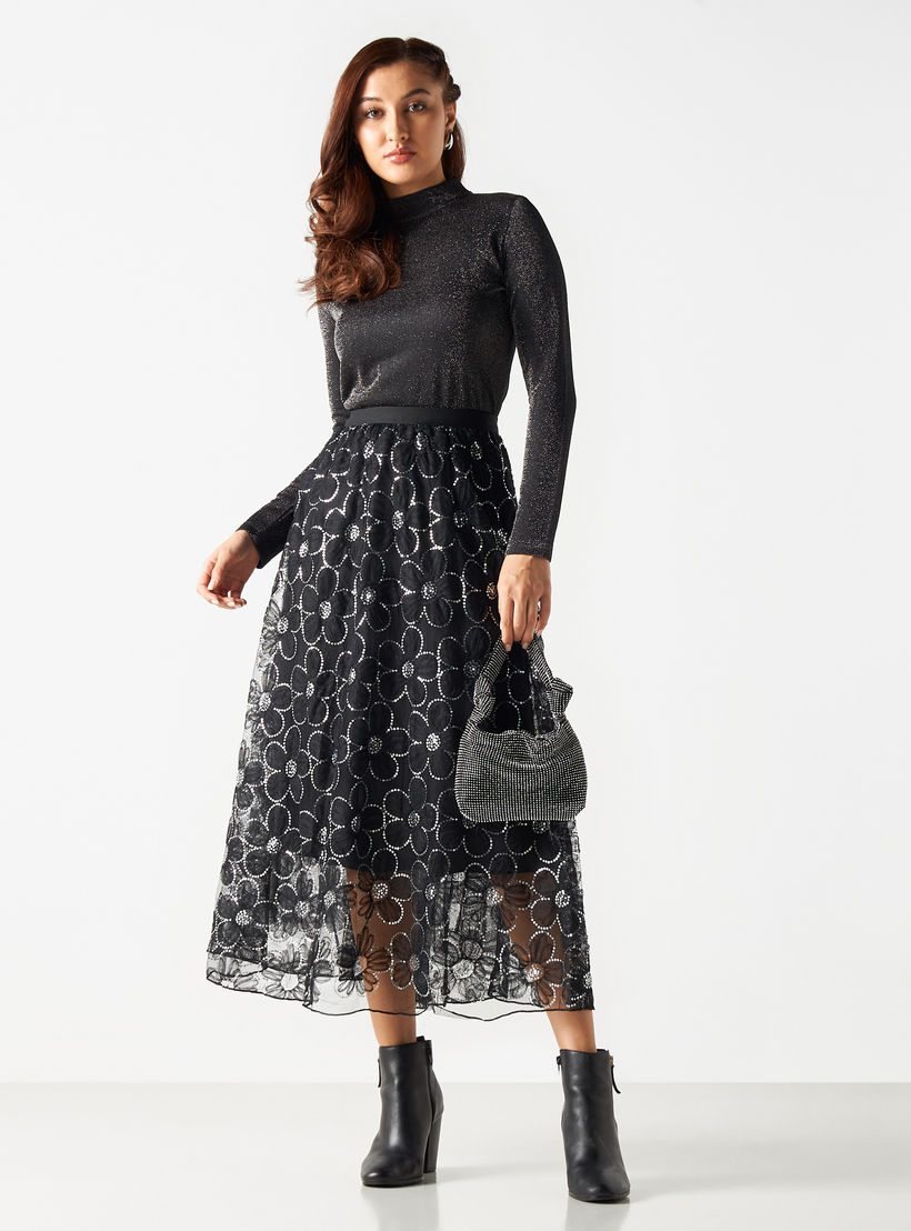 تنورة شبكية مزينة بالترتر بحزام خصر مطاطي من تو إكستريمز-women-clothing-bottoms-skirts-image-2