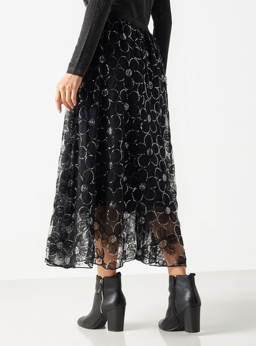 تنورة شبكية مزينة بالترتر بحزام خصر مطاطي من تو إكستريمز-women-clothing-bottoms-skirts-image-3