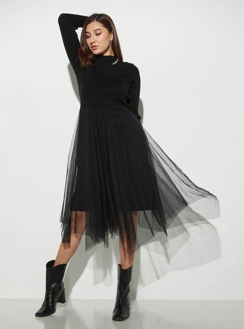 فستان شبكي إيه لاين بياقة عالية وأكمام طويلة من تو إكستريمز-women-clothing-dresses-image-1