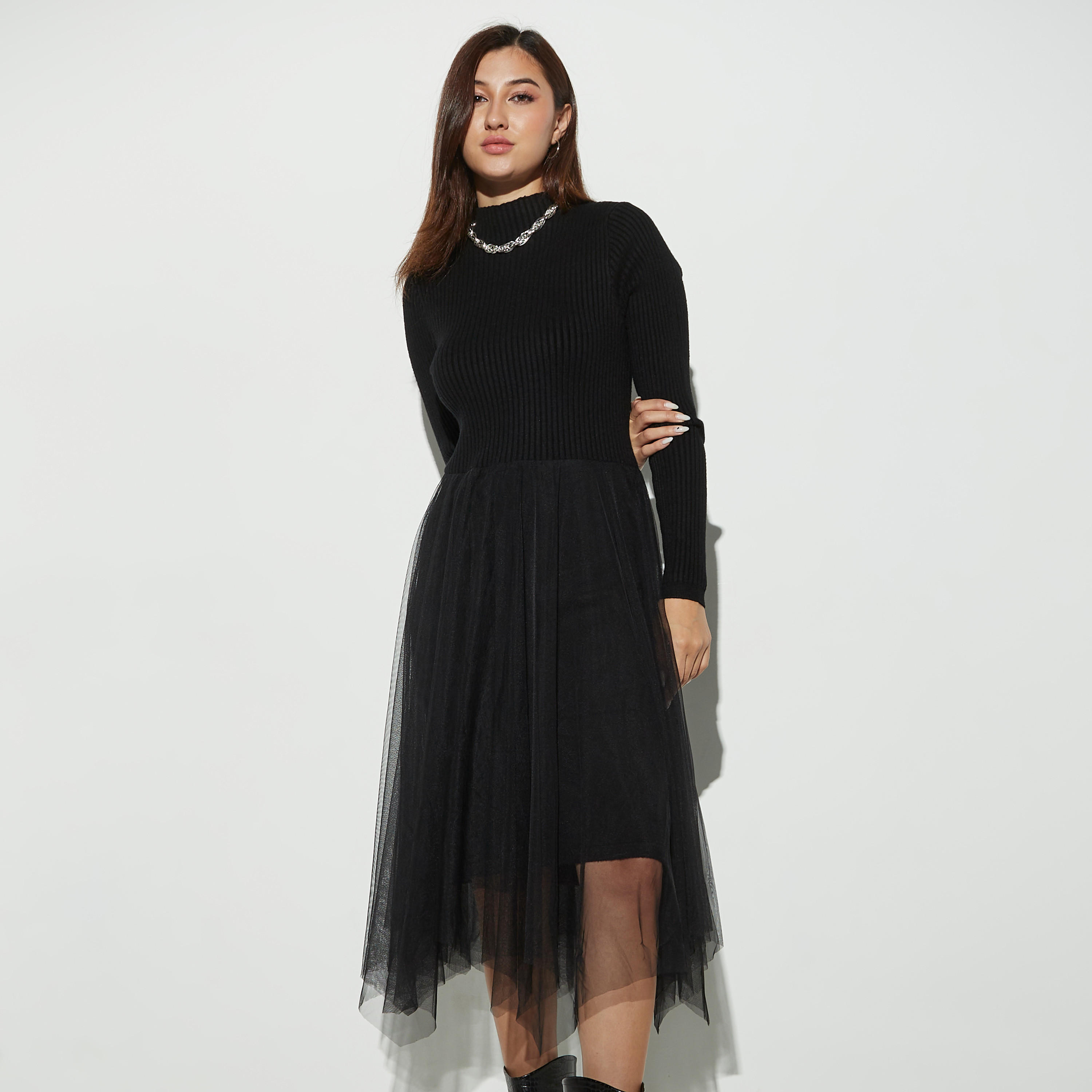 فستان شبكي إيه لاين بياقة عالية وأكمام طويلة من تو إكستريمز-women-clothing-dresses-image-2