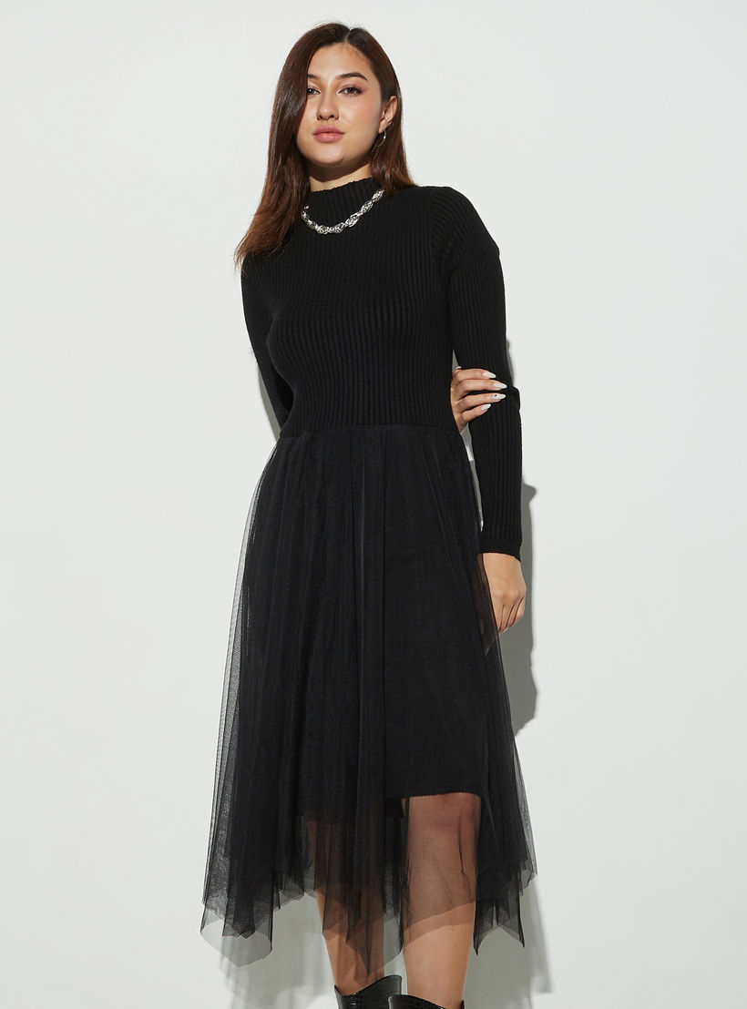 فستان شبكي إيه لاين بياقة عالية وأكمام طويلة من تو إكستريمز-women-clothing-dresses-image-2