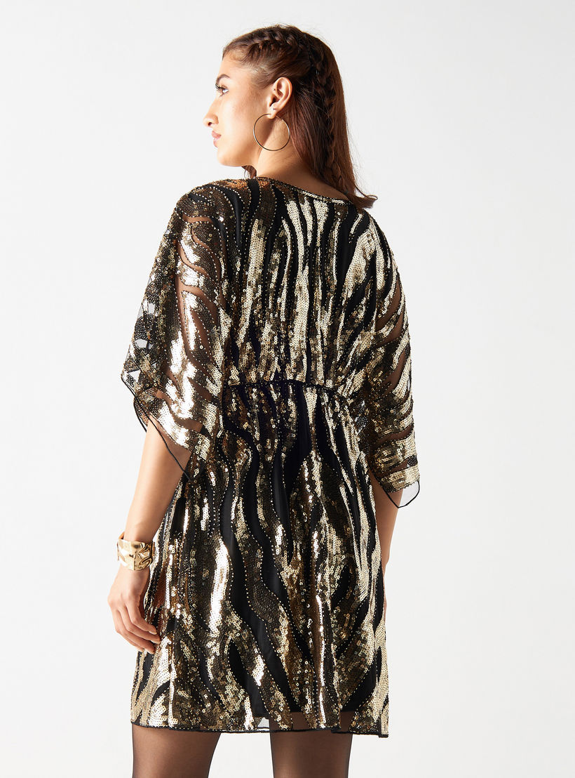 2Xtremz Sequin Embellished Mini A-line Dress with Butterfly Sleeves and Round Neck-women-clothing-dresses-image-3