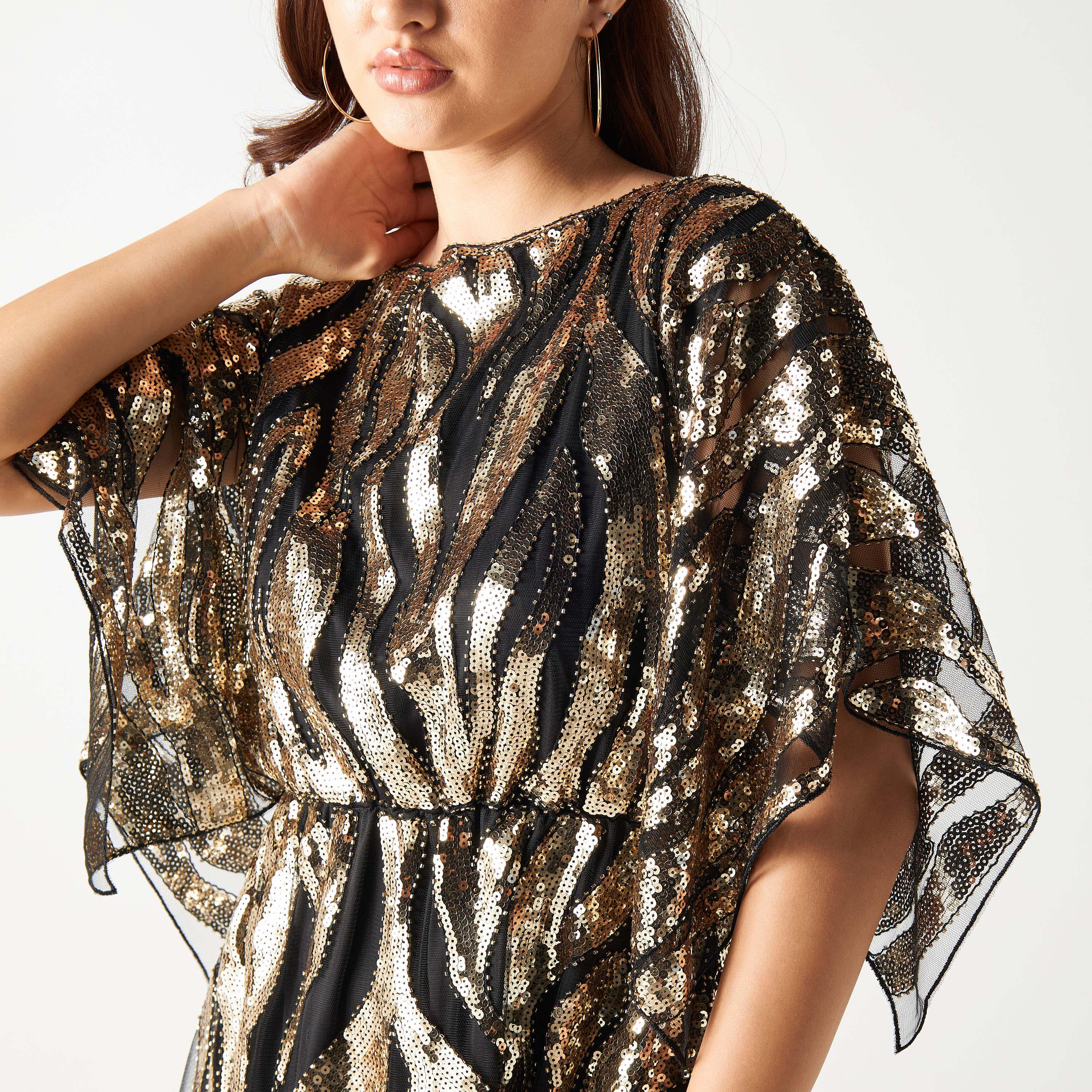 2Xtremz Sequin Embellished Mini A-line Dress with Butterfly Sleeves and Round Neck-women-clothing-dresses-image-4