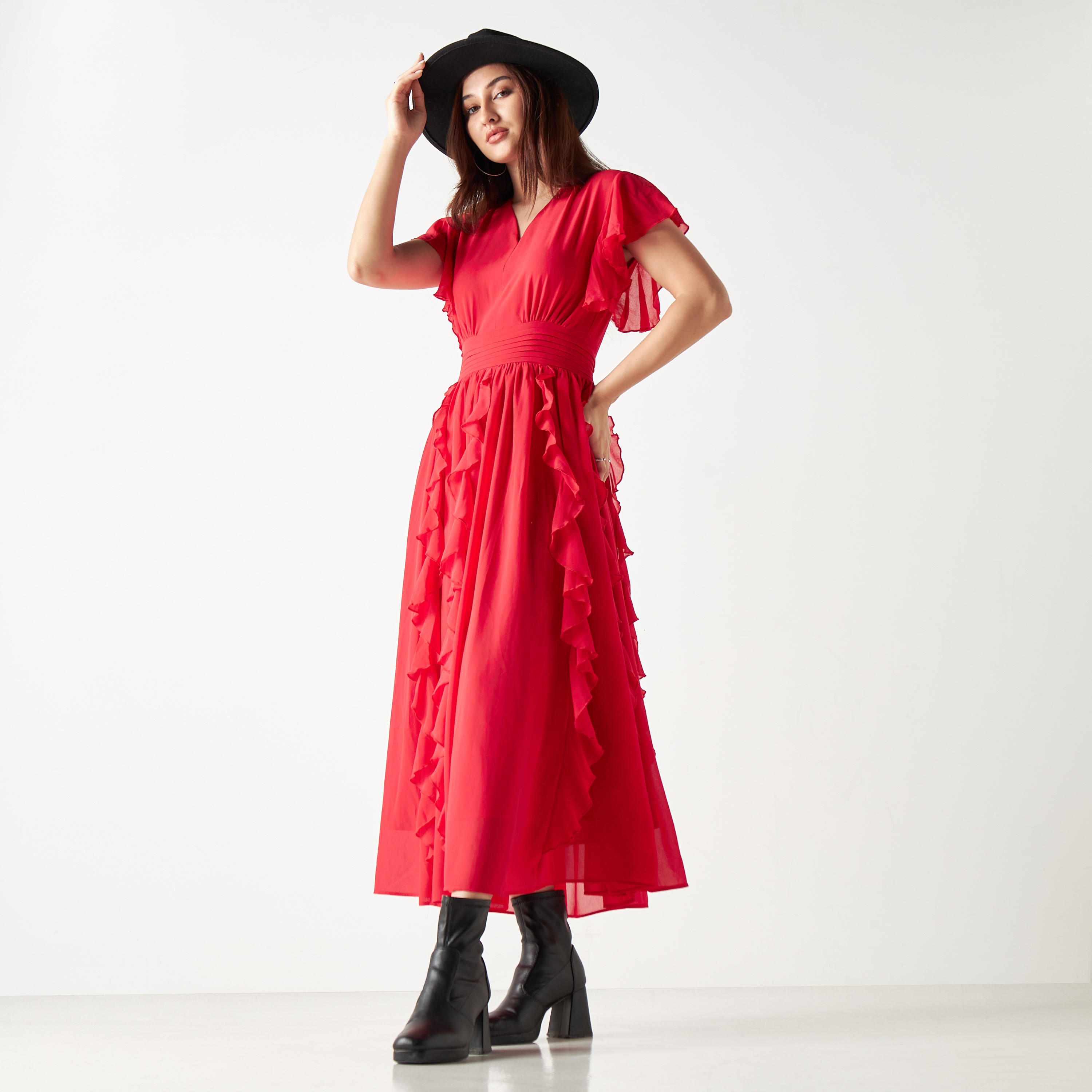 فستان ميدي بتفاصيل كشكش وأكمام واسعة وياقة V من تو إكستريمز-women-clothing-dresses-image-1