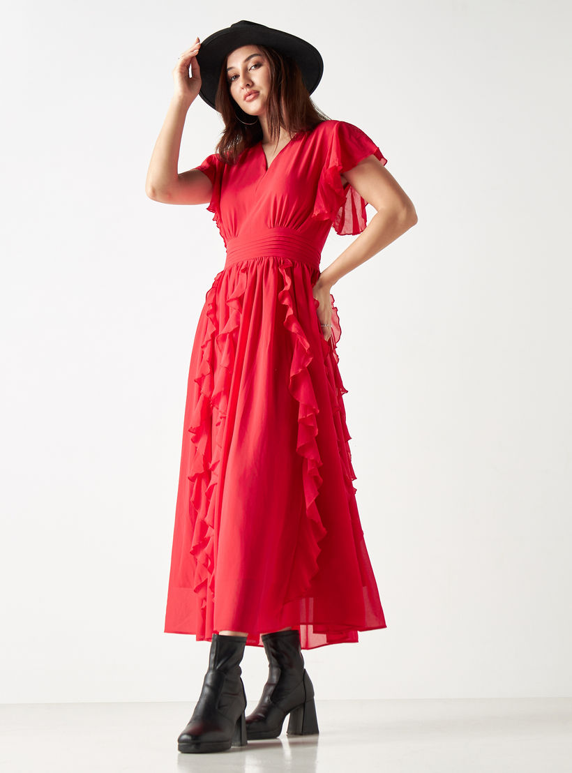 فستان ميدي بتفاصيل كشكش وأكمام واسعة وياقة V من تو إكستريمز-women-clothing-dresses-image-1