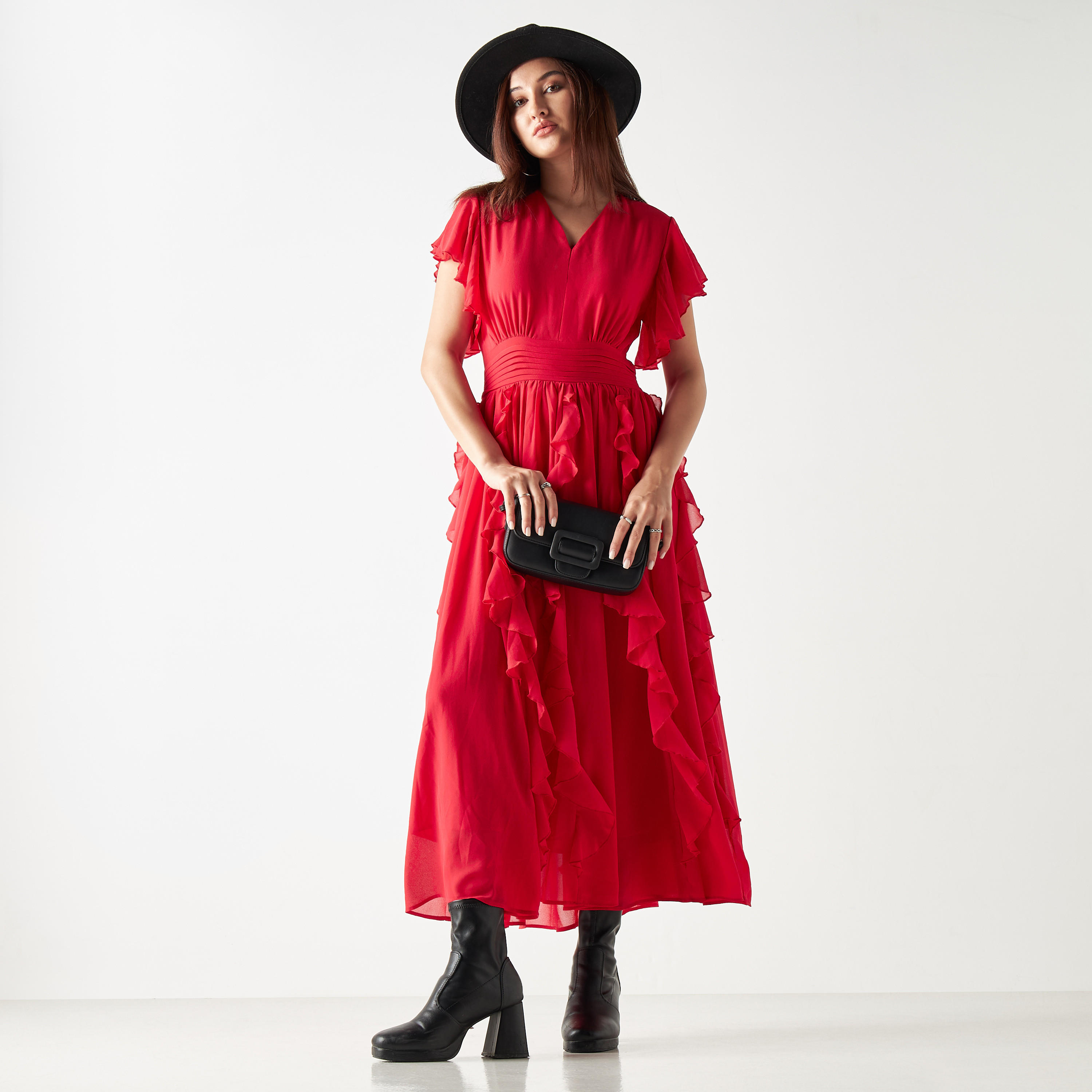 فستان ميدي بتفاصيل كشكش وأكمام واسعة وياقة V من تو إكستريمز-women-clothing-dresses-image-2