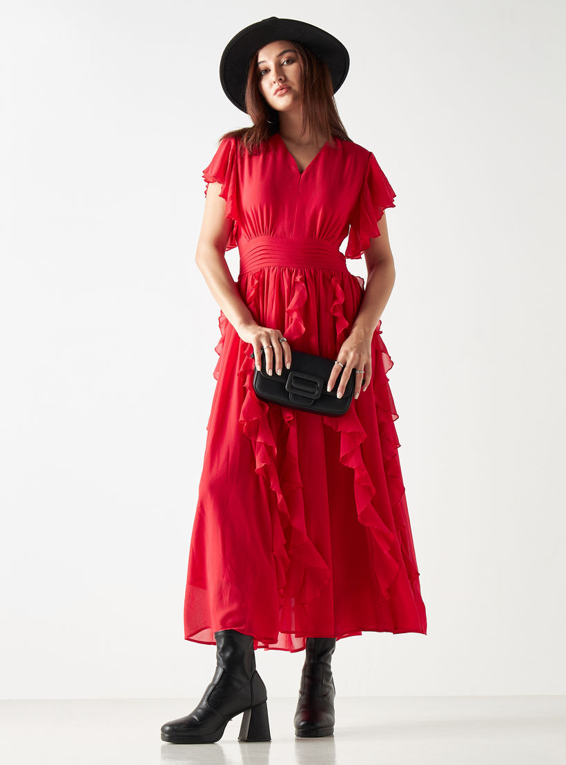 فستان ميدي بتفاصيل كشكش وأكمام واسعة وياقة V من تو إكستريمز-women-clothing-dresses-image-2