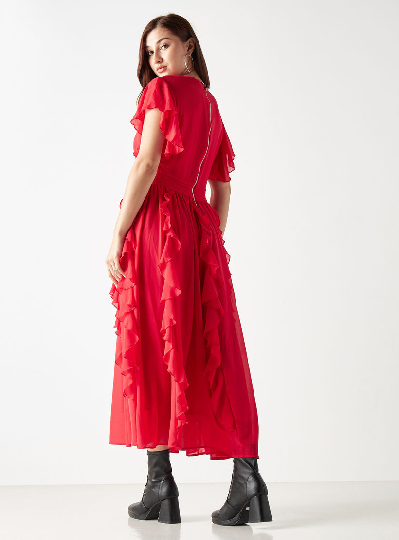 فستان ميدي بتفاصيل كشكش وأكمام واسعة وياقة V من تو إكستريمز-women-clothing-dresses-image-3