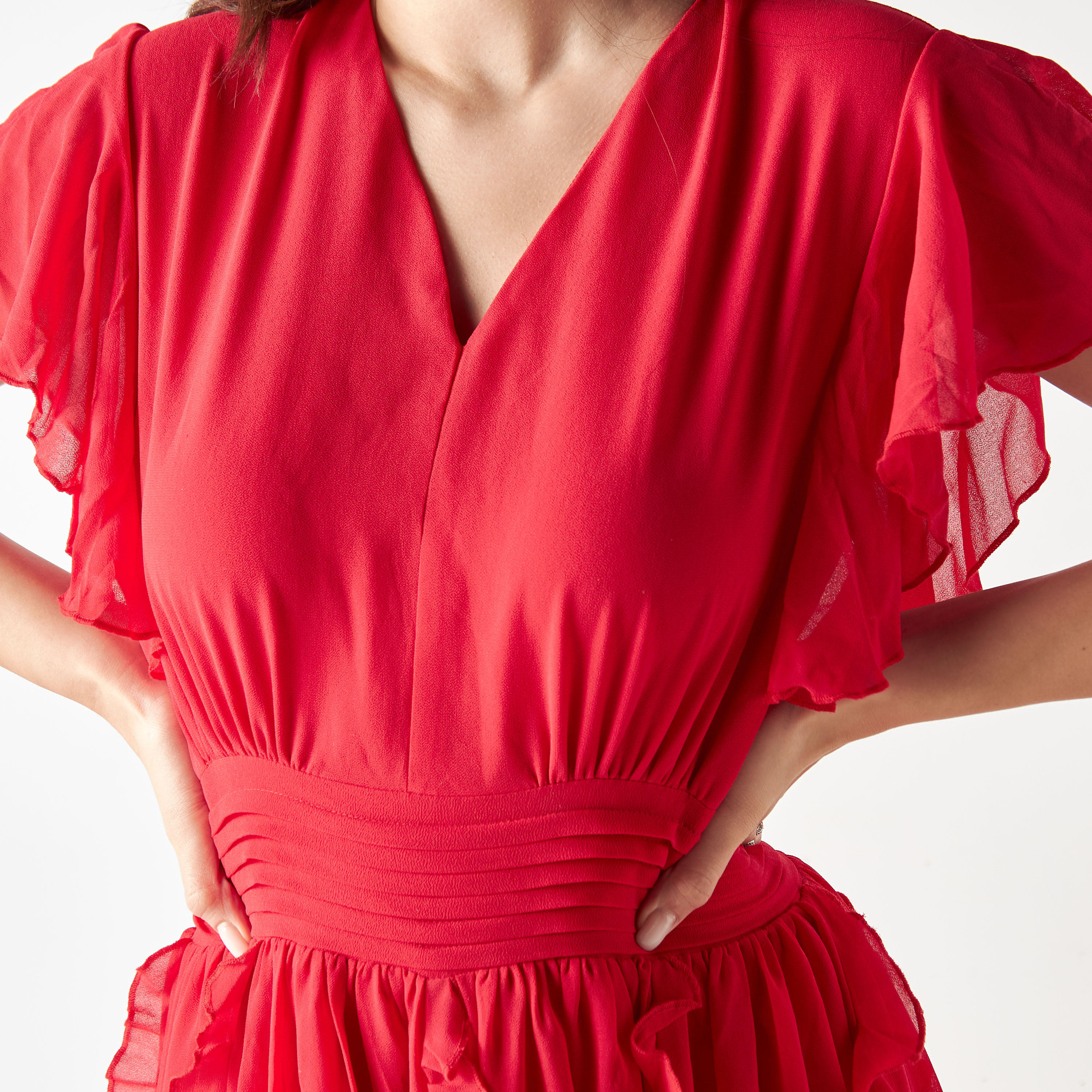 فستان ميدي بتفاصيل كشكش وأكمام واسعة وياقة V من تو إكستريمز-women-clothing-dresses-image-4