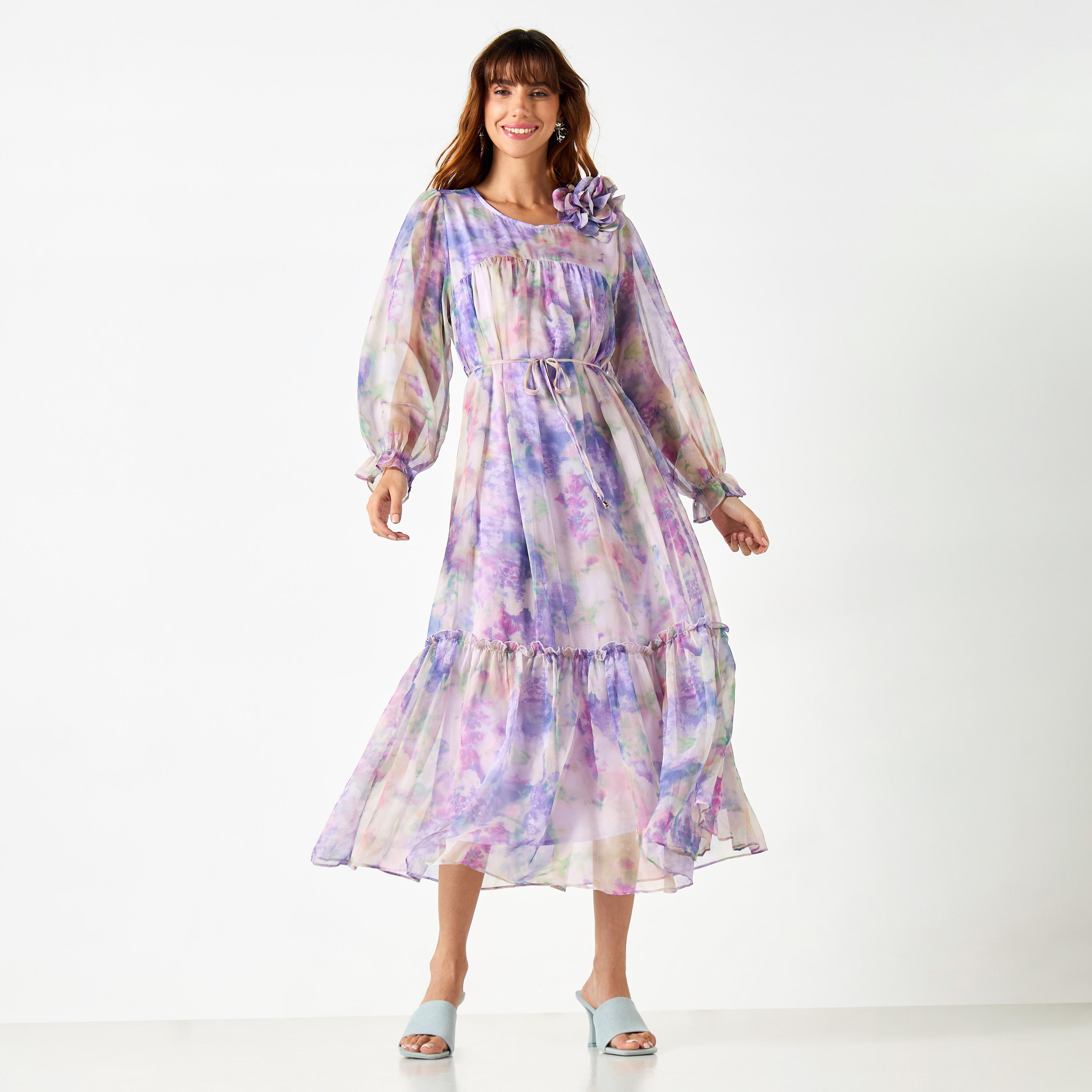 2Xtremz All-Over Print Dress with Volume Sleeves and Tie-Up Belt-women-clothing-dresses-image-1