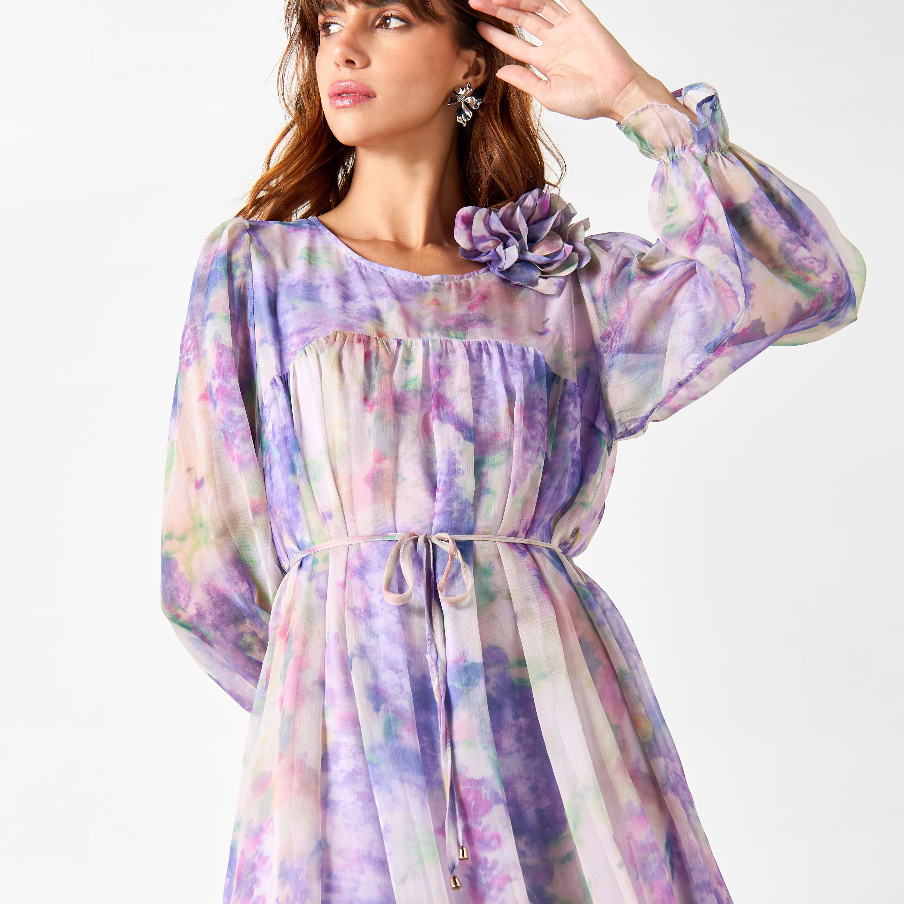2Xtremz All-Over Print Dress with Volume Sleeves and Tie-Up Belt-women-clothing-dresses-image-4