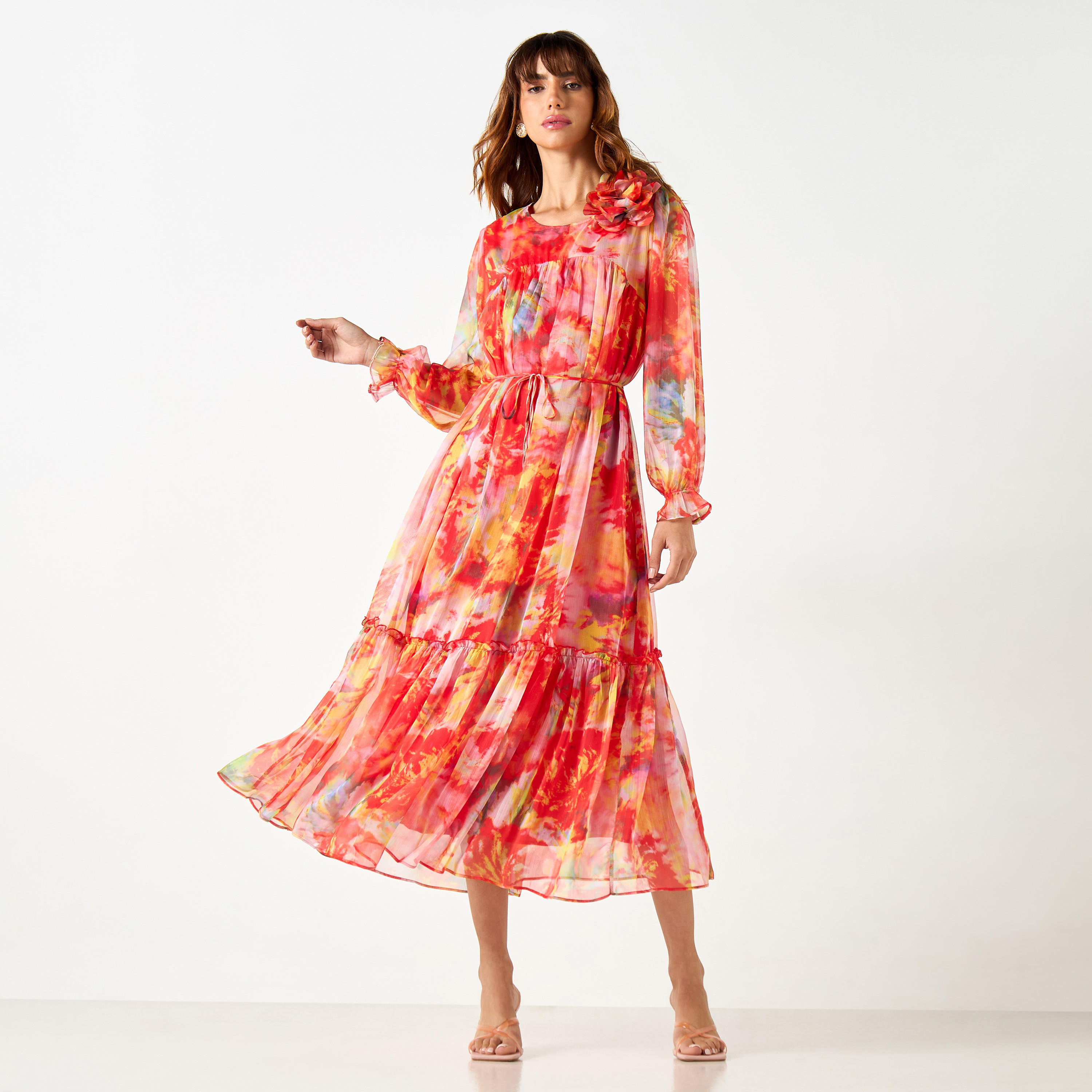 2Xtremz All-Over Print Dress with Volume Sleeves and Tie-Up Belt-women-clothing-dresses-image-6