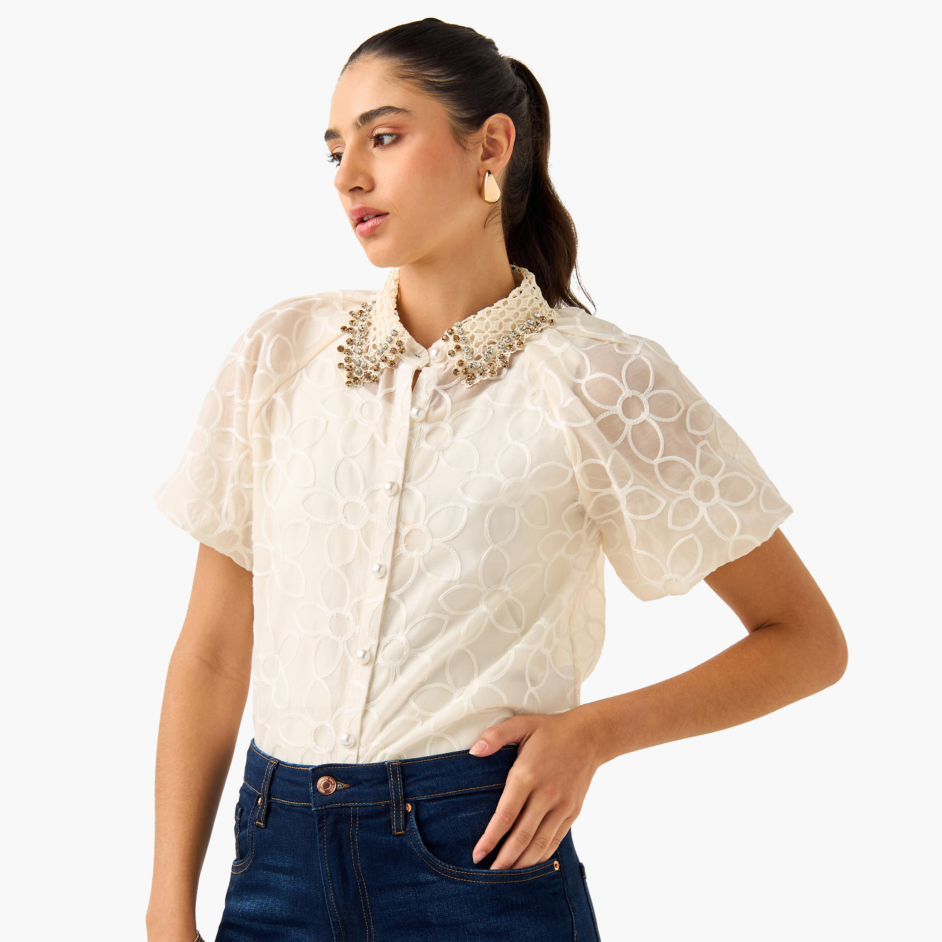 2Xtremz Floral Embroidered Shirt with Button Closure and Puff Sleeves-women-clothing-shirtsandblouses-shirts-image-6