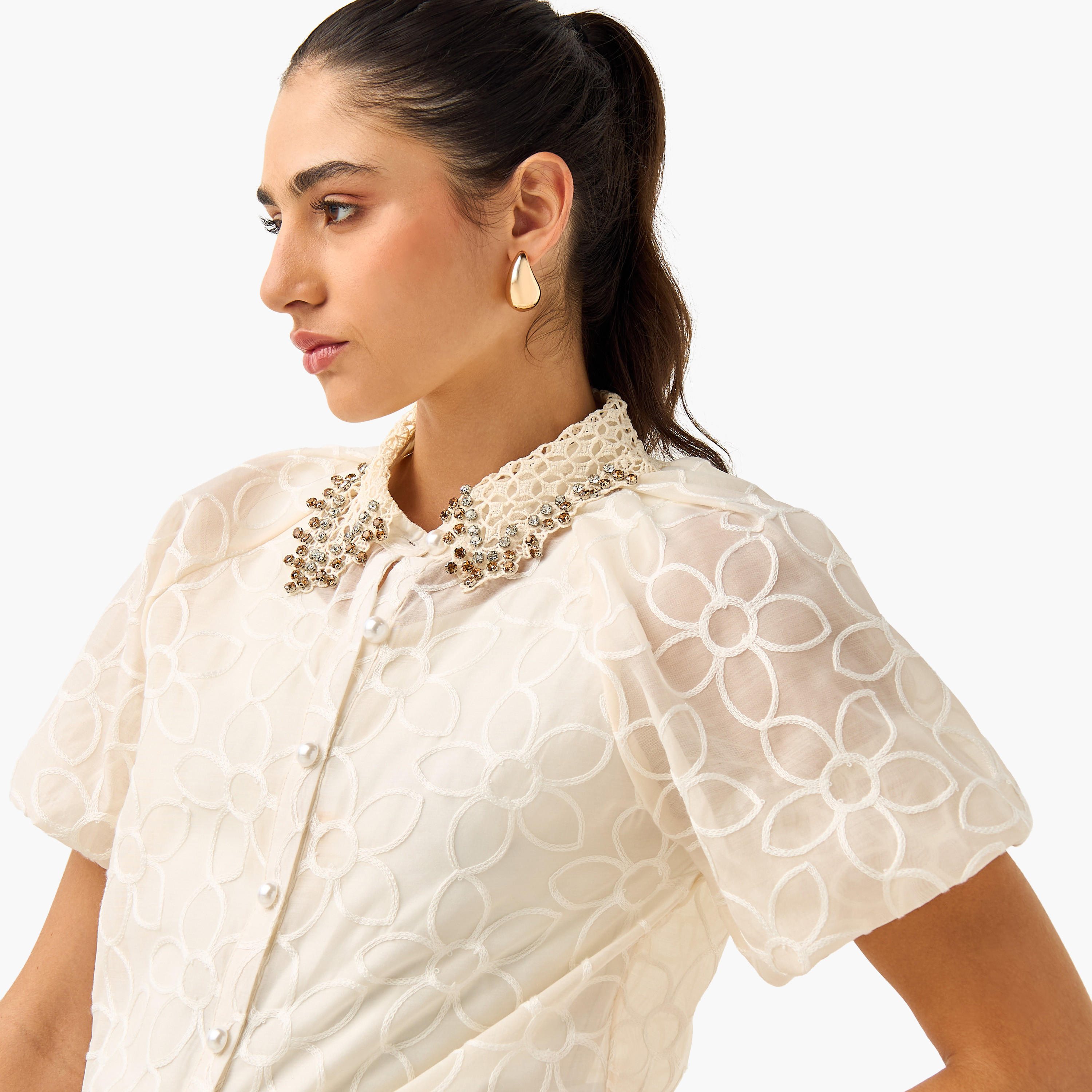 2Xtremz Floral Embroidered Shirt with Button Closure and Puff Sleeves-women-clothing-shirtsandblouses-shirts-image-9