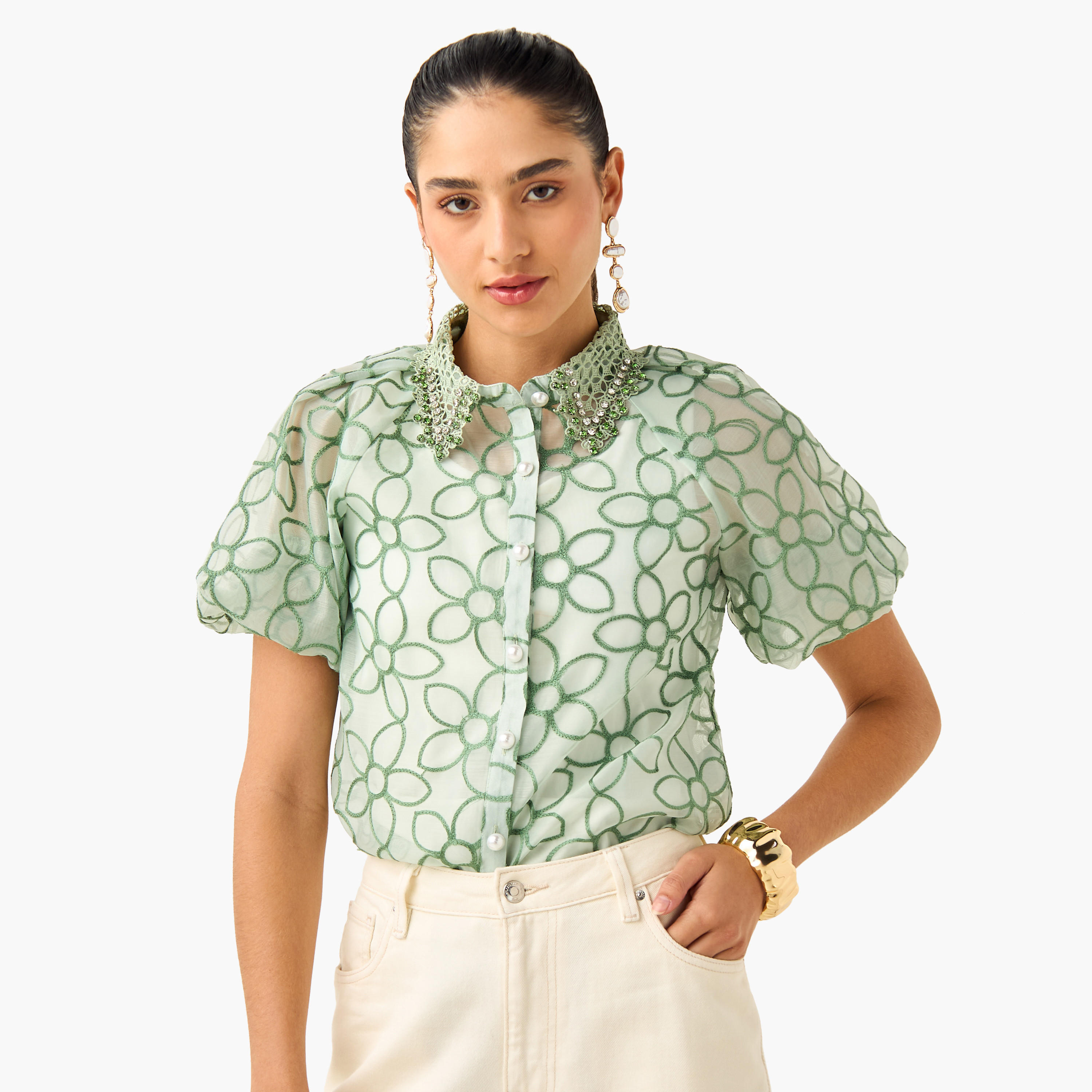 2Xtremz Floral Embroidered Shirt with Button Closure and Puff Sleeves-women-clothing-shirtsandblouses-shirts-image-1