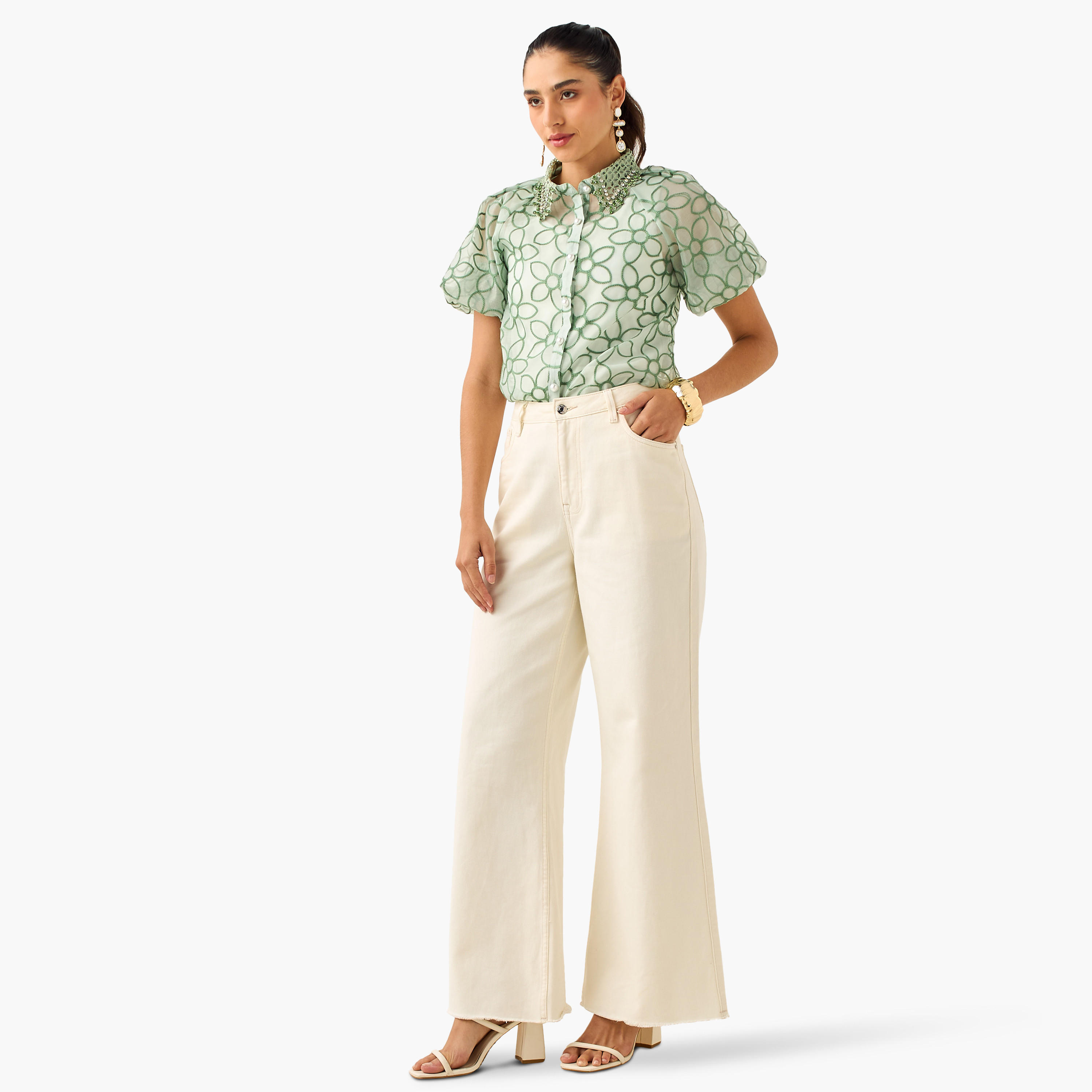 2Xtremz Floral Embroidered Shirt with Button Closure and Puff Sleeves-women-clothing-shirtsandblouses-shirts-image-2