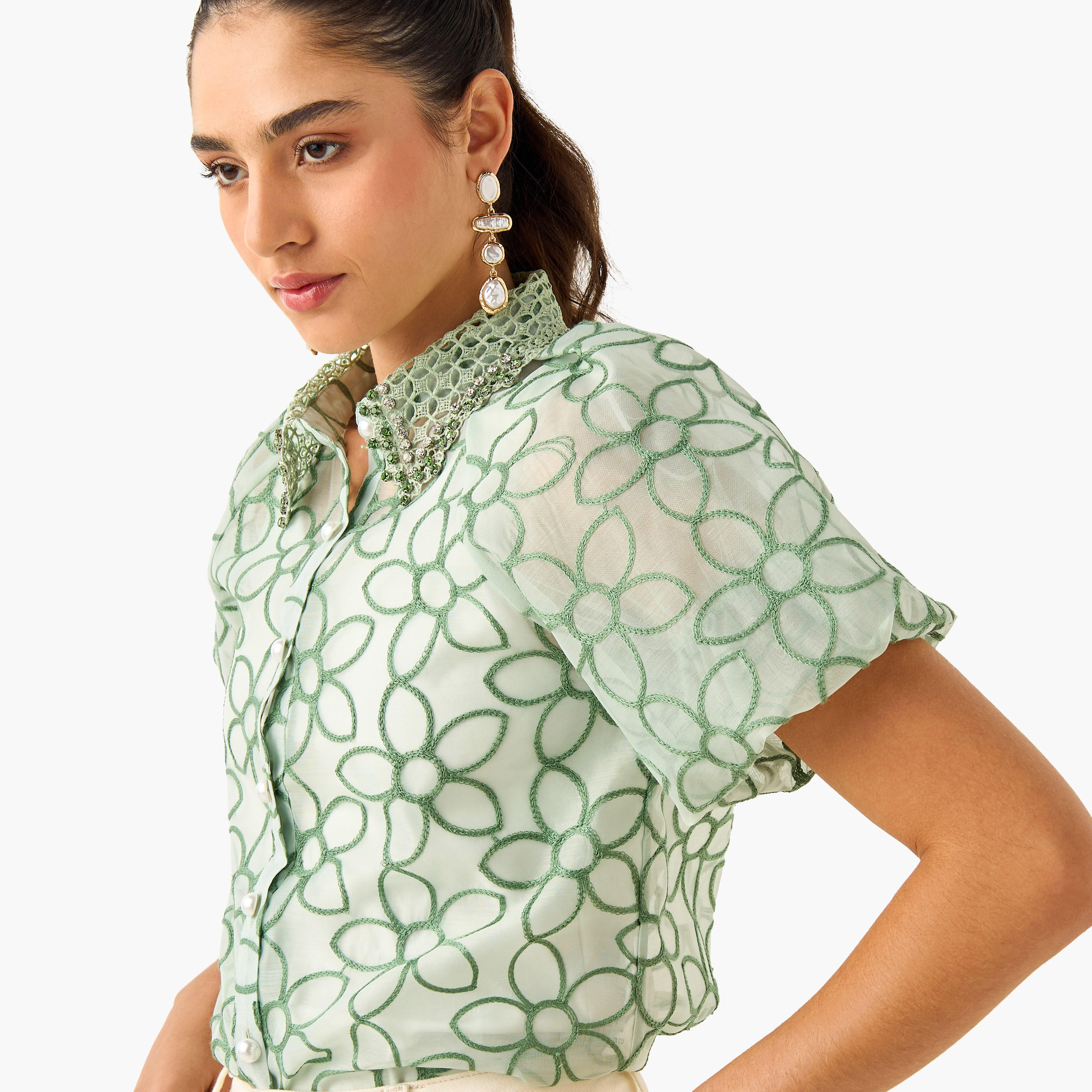 2Xtremz Floral Embroidered Shirt with Button Closure and Puff Sleeves-women-clothing-shirtsandblouses-shirts-image-4